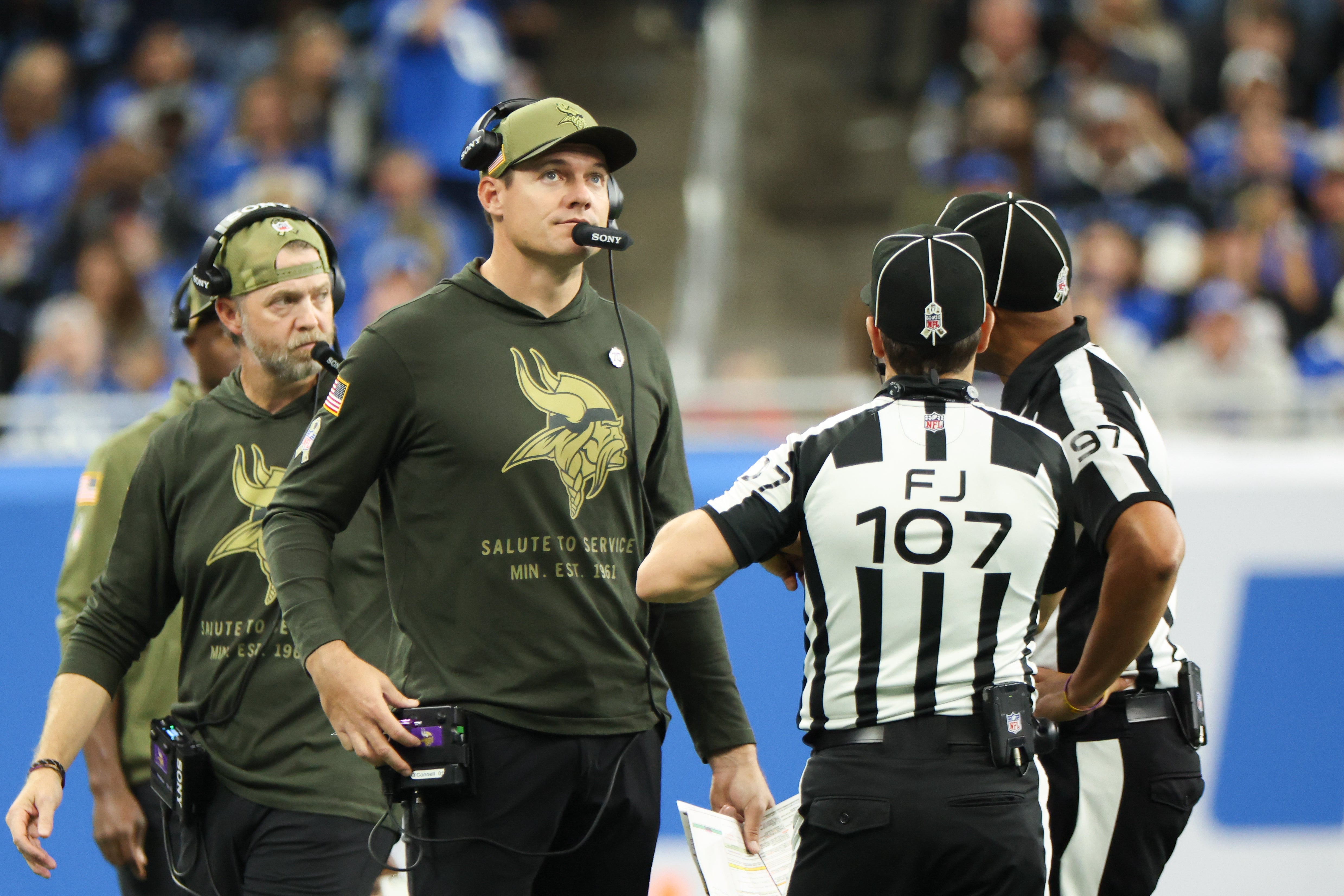 Nov 2, 2025; Detroit, Michigan, USA; Minnesota Vikings head coach Kevin O'Connell looks on during the third quarter against the Detroit Lions at Ford Field.