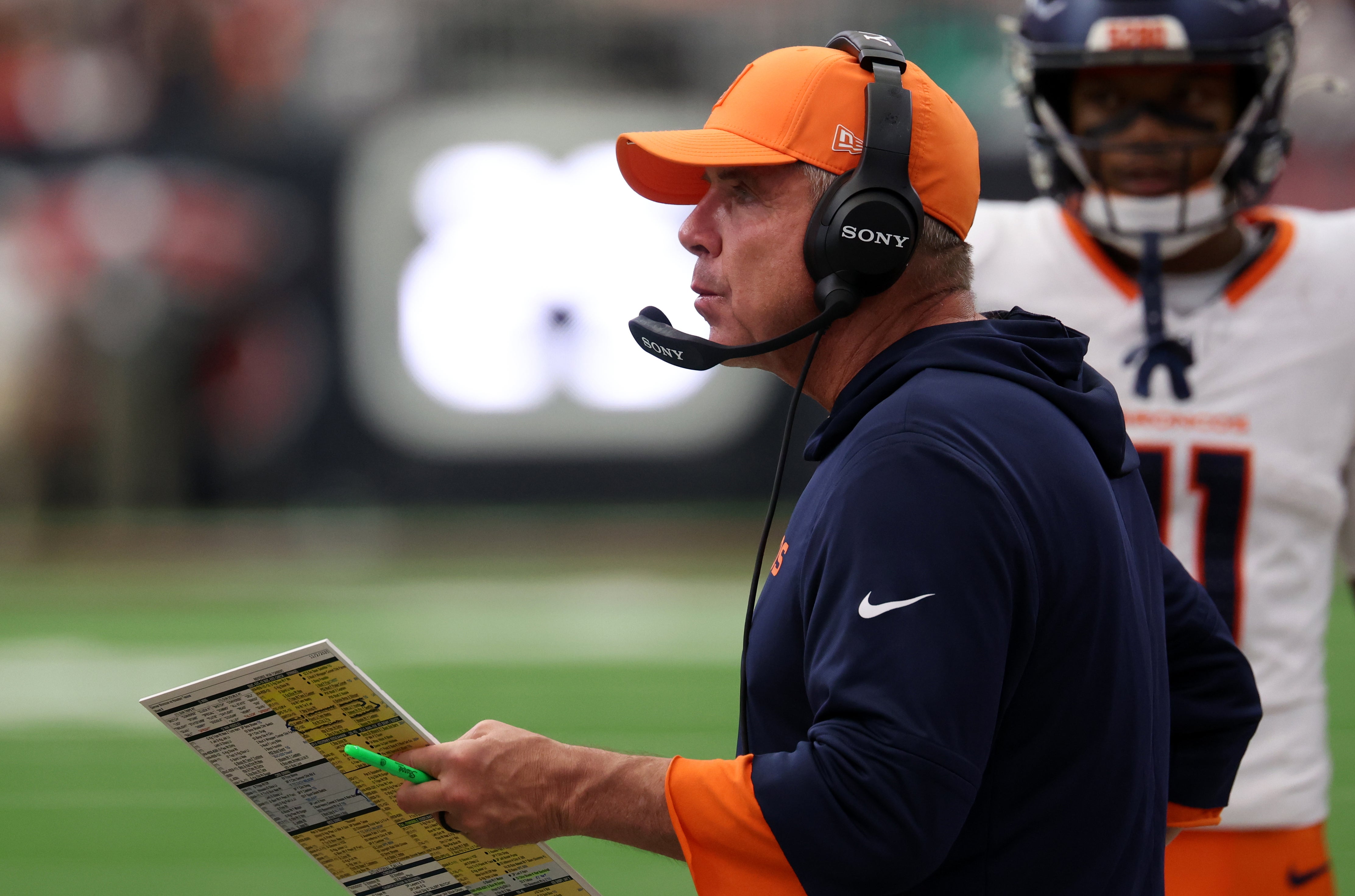 Nov 2, 2025; Houston, Texas, USA; Denver Broncos head coach Sean Payton during the second half against the Houston Texans at NRG Stadium.
