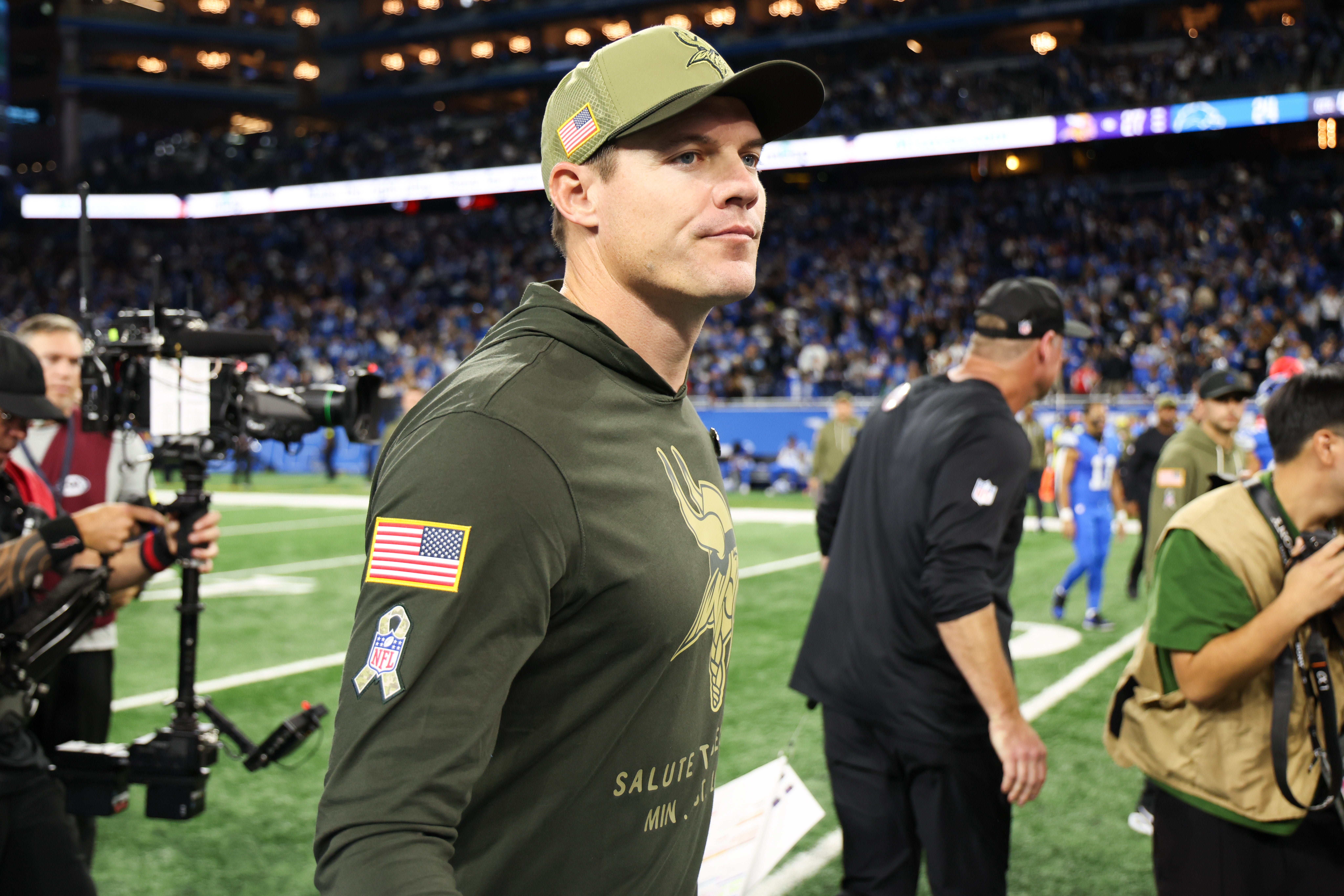 Nov 2, 2025; Detroit, Michigan, USA; Minnesota Vikings head coach Kevin O'Connell looks on after the match against the Detroit Lions at Ford Field.