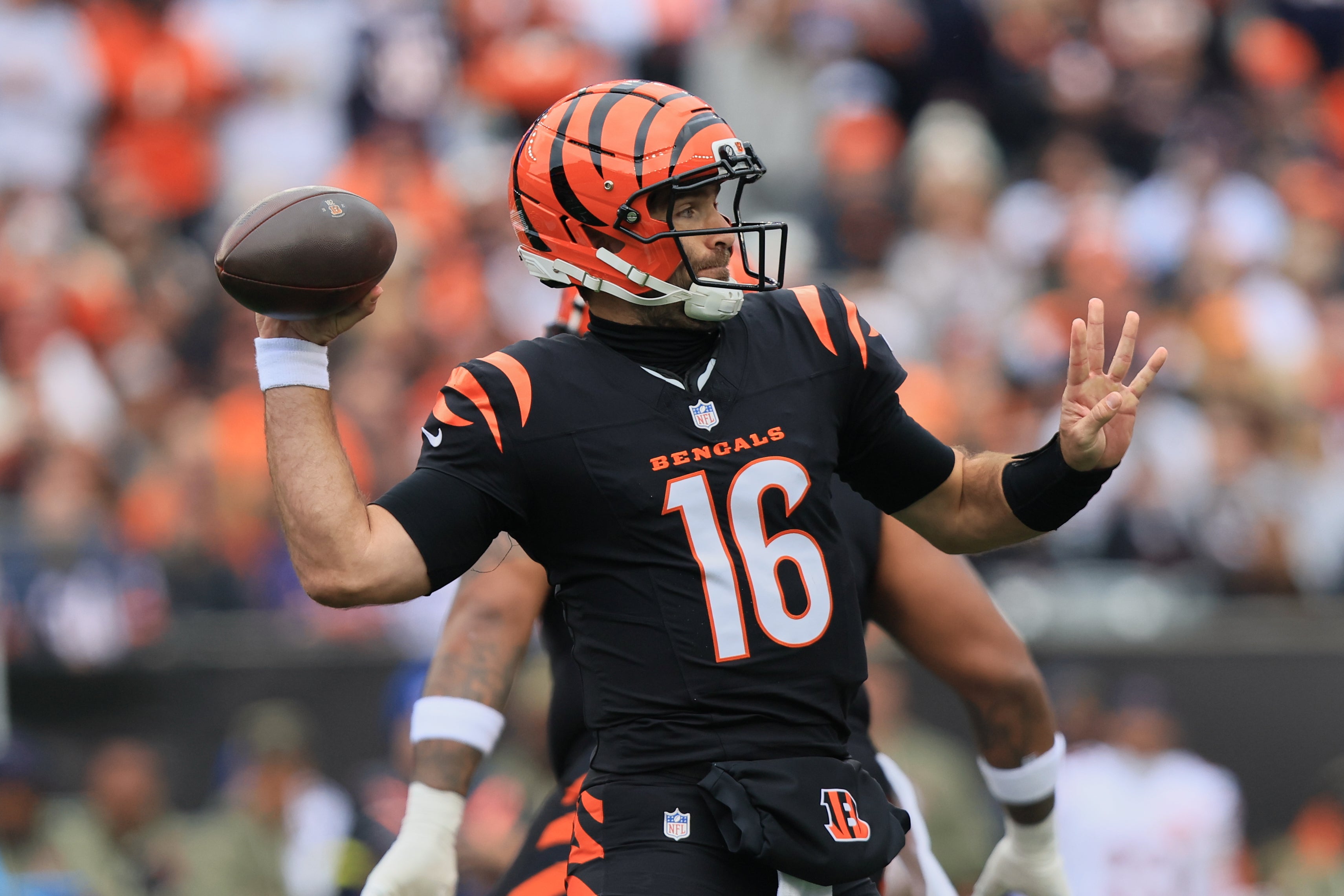 Nov 2, 2025; Cincinnati, Ohio, USA; Cincinnati Bengals quarterback Joe Flacco (16) throws a pass against the Chicago Bears during the second quarter at Paycor Stadium.