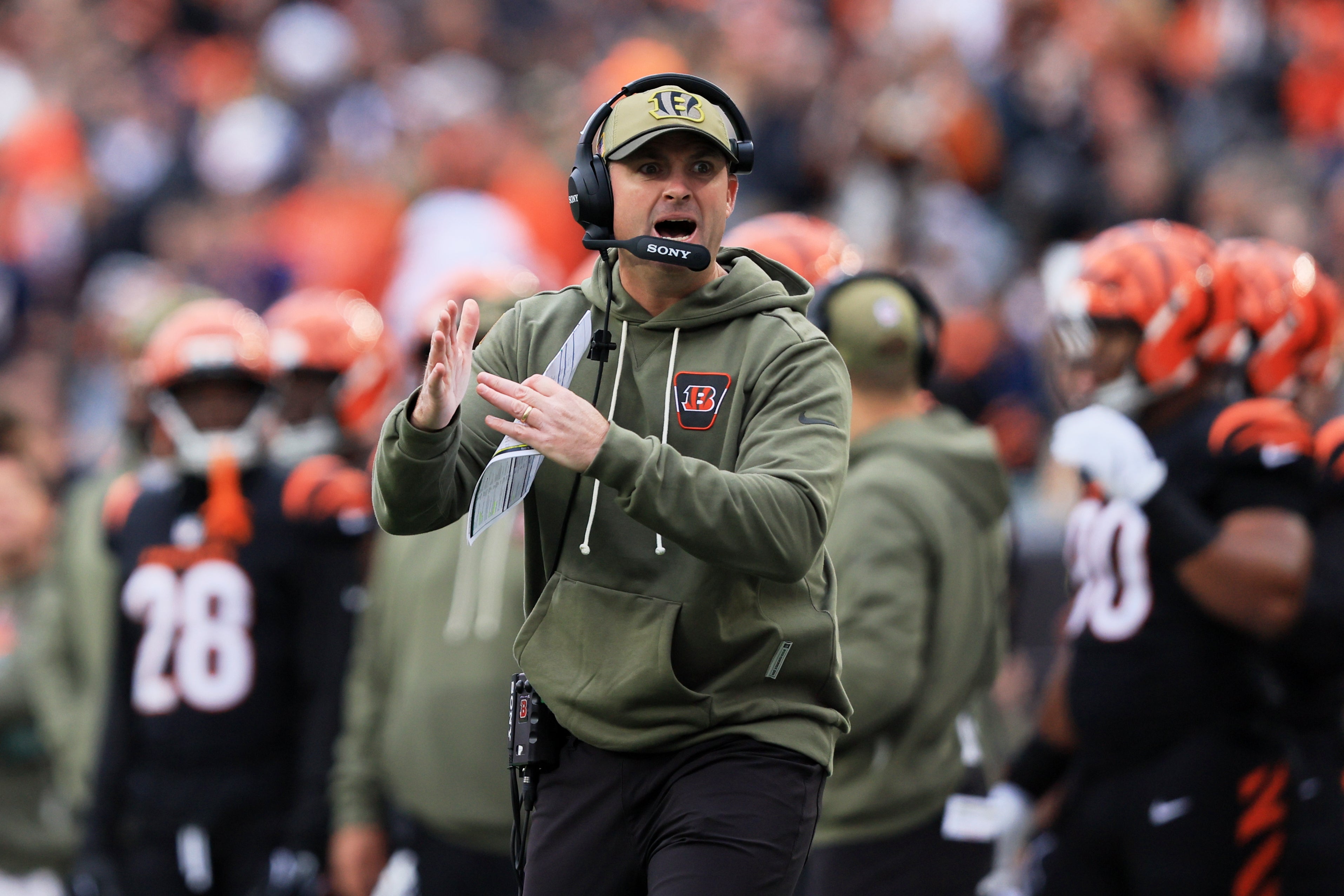 Nov 2, 2025; Cincinnati, Ohio, USA; Cincinnati Bengals head coach Zac Taylor calls for a timeout against the Chicago Bears during the second quarter at Paycor Stadium.