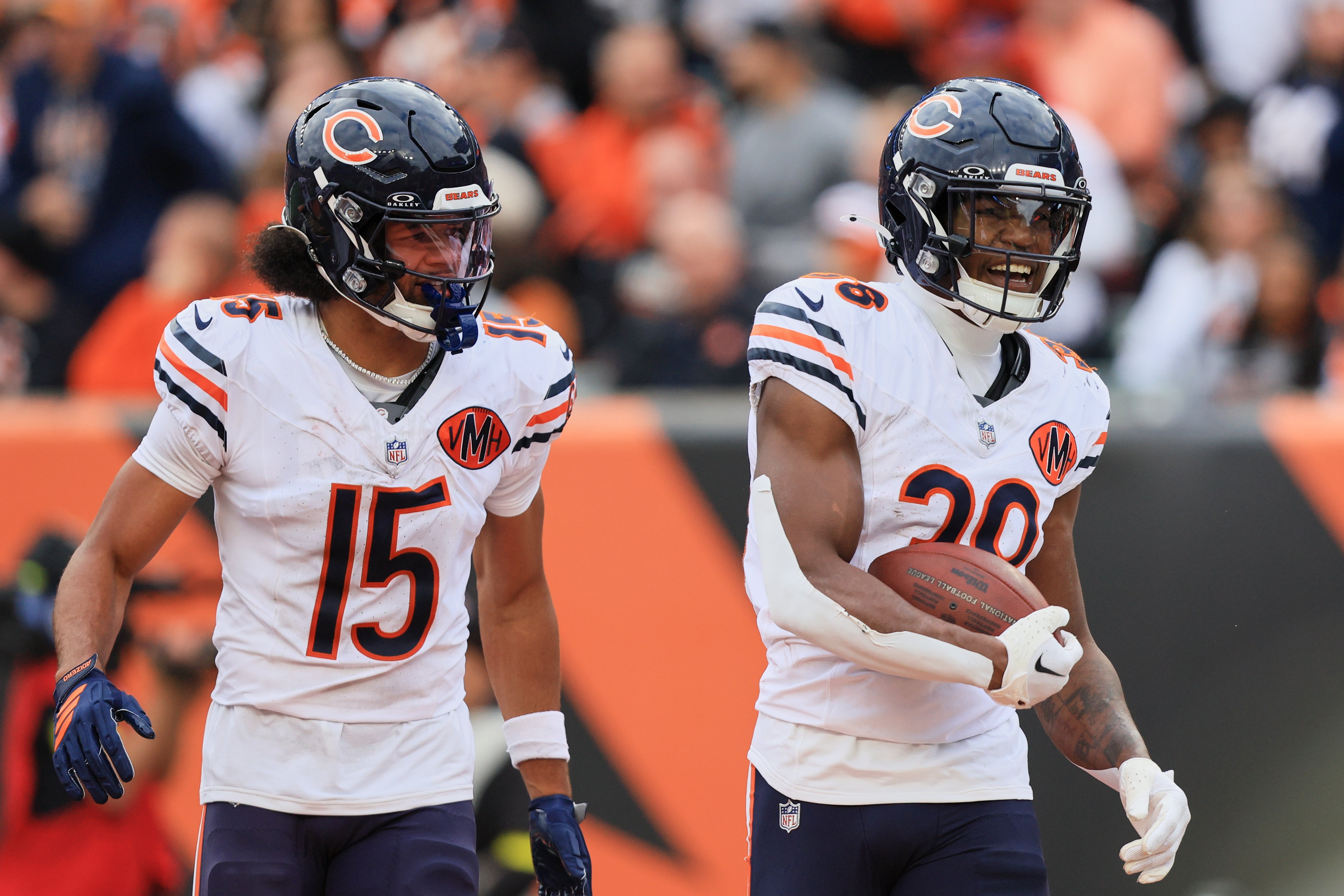 Nov 2, 2025; Cincinnati, Ohio, USA; Chicago Bears Brittain Brown (38) celebrates with Rome Odunze (15) after scoring a touchdown against the Cincinnati Bengals during the third quarter at Paycor Stadium.