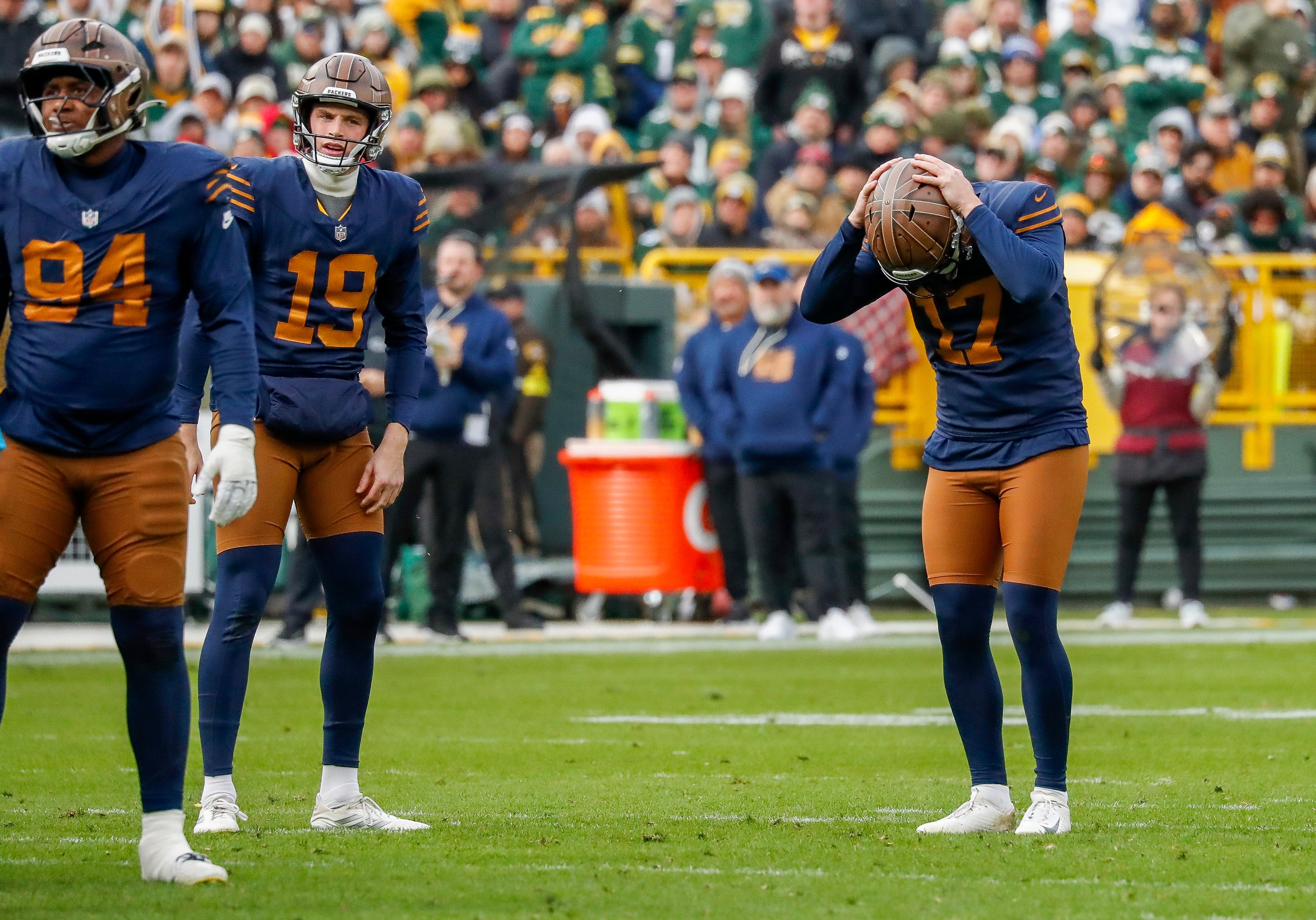 Nov 2, 2025; Green Bay, Wisconsin, USA; Green Bay Packers place kicker Brandon McManus (17) reacts after missing a 43-yard field goal against the Carolina Panthers during the game at Lambeau Field.