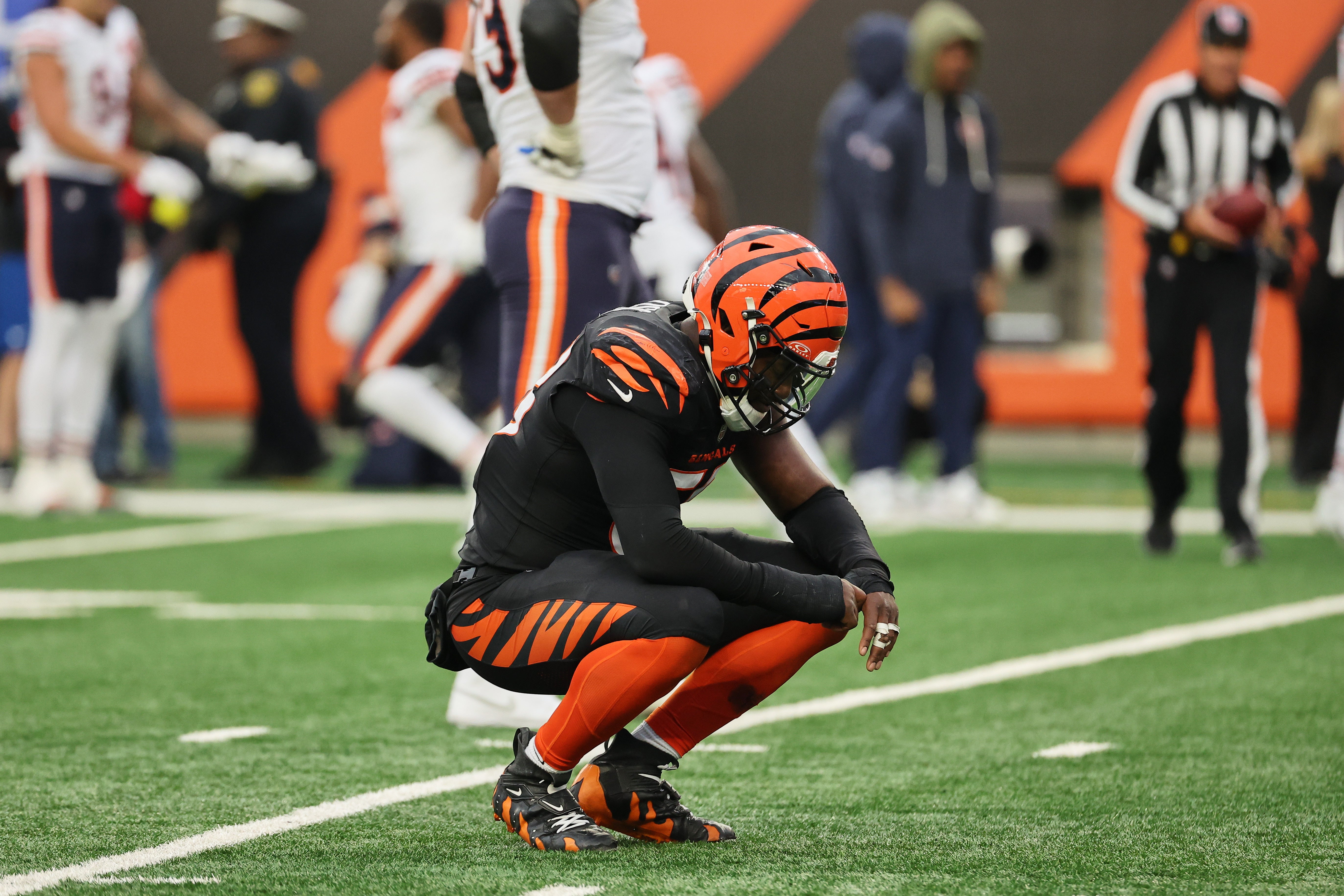Nov 2, 2025; Cincinnati, Ohio, USA; Cincinnati Bengals defensive end Joseph Ossai (58) reacts after a touchdown scored by Chicago Bears tight end Colston Loveland (84) (not pictured) in the fourth quarter at Paycor Stadium.