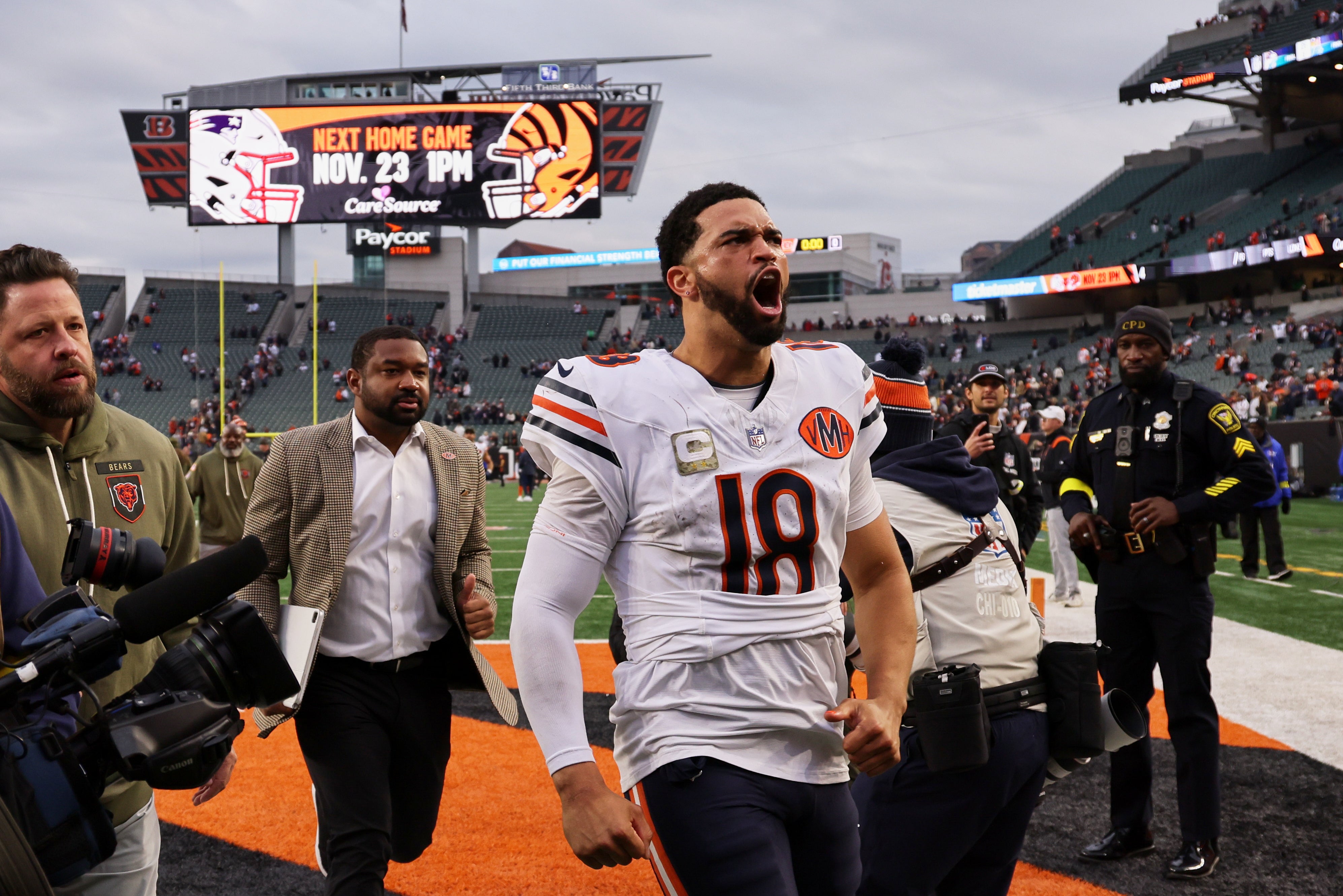 Nov 2, 2025; Cincinnati, Ohio, USA; Chicago Bears quarterback Caleb Williams (18) reacts as he walks off the field after defeating the Cincinnati Bengals in the fourth quarter at Paycor Stadium.
