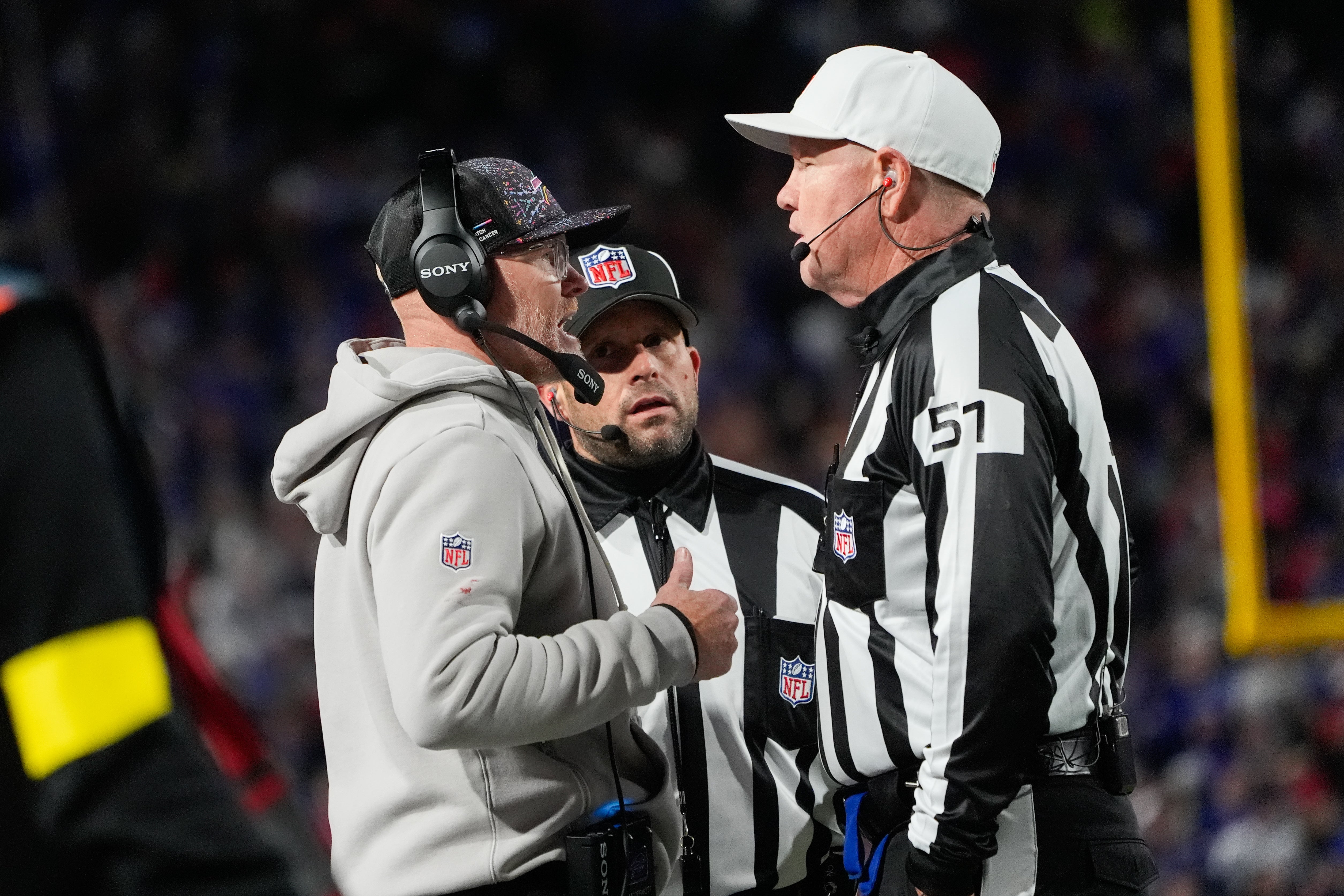 Nov 2, 2025; Orchard Park, New York, USA; Buffalo Bills head coach Sean McDermott speaks with the referees during the third quarter against the Kansas City Chiefs at Highmark Stadium.
