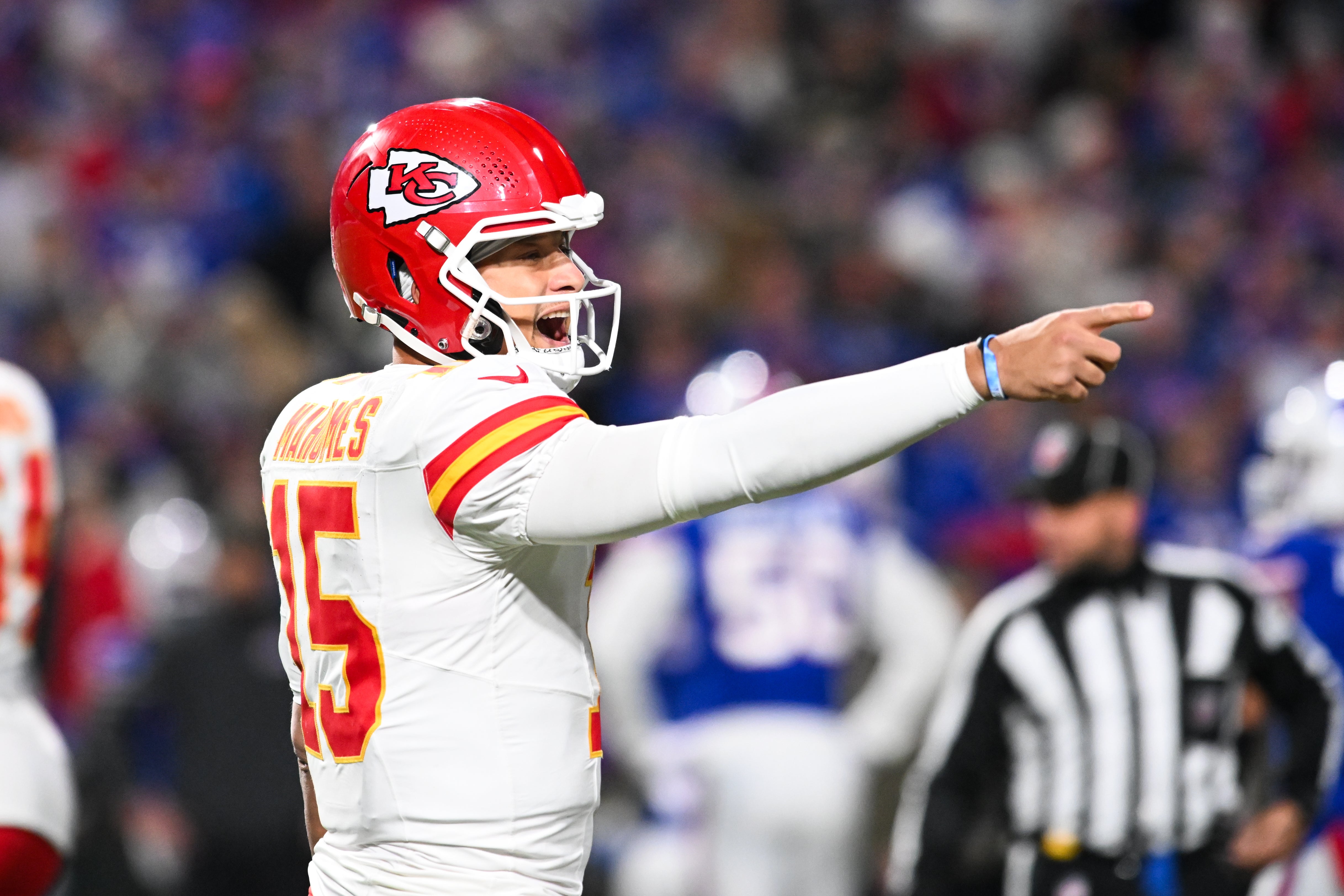 Kansas City Chiefs quarterback Patrick Mahomes (15) reacts in the second half against the Buffalo Bills