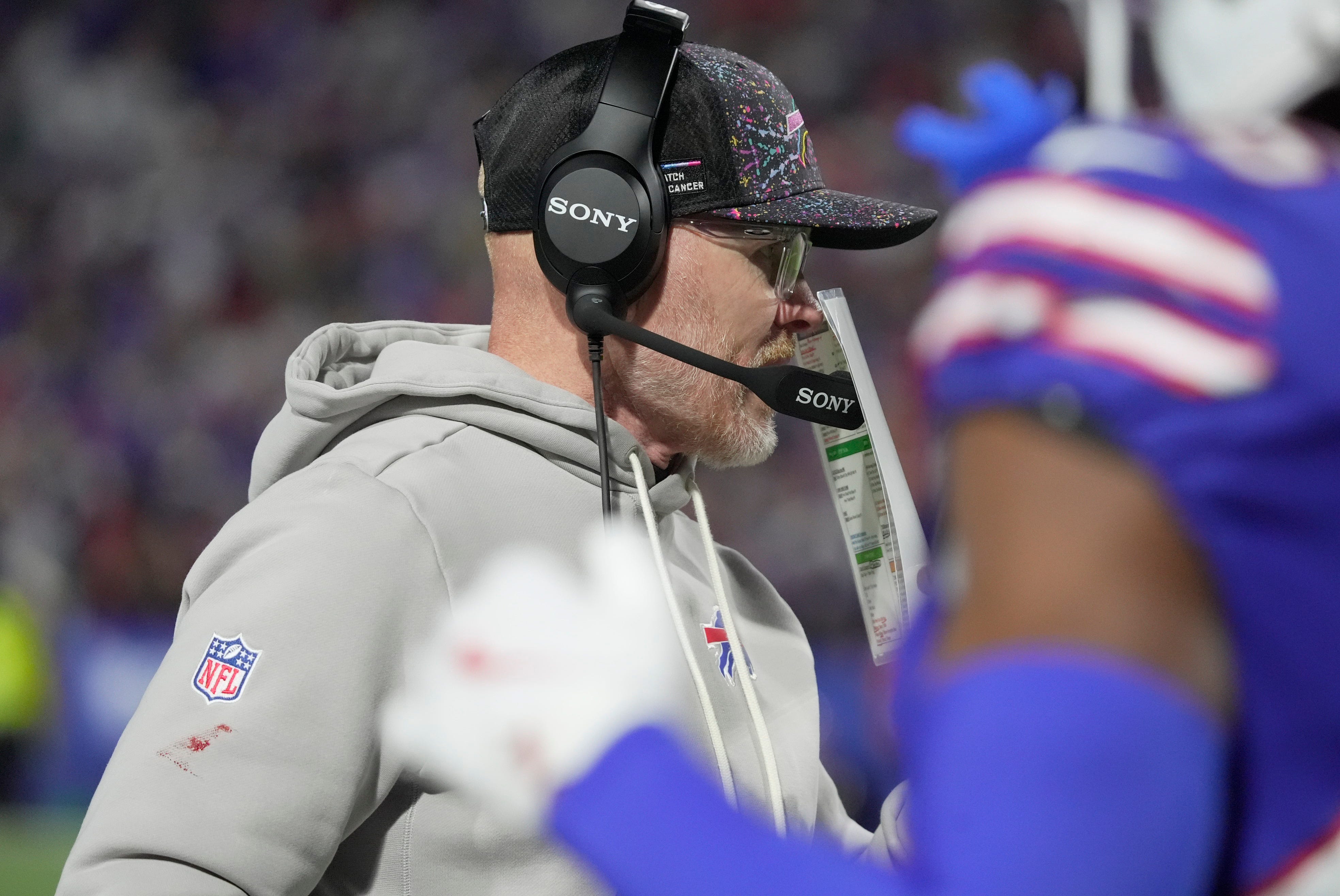 Buffalo Bills head coach Sean McDermott talks on the headset during a pause in play first half action against the Kansas City Chiefs at Highmark Stadium in Orchard Park on Nov. 2, 2025.