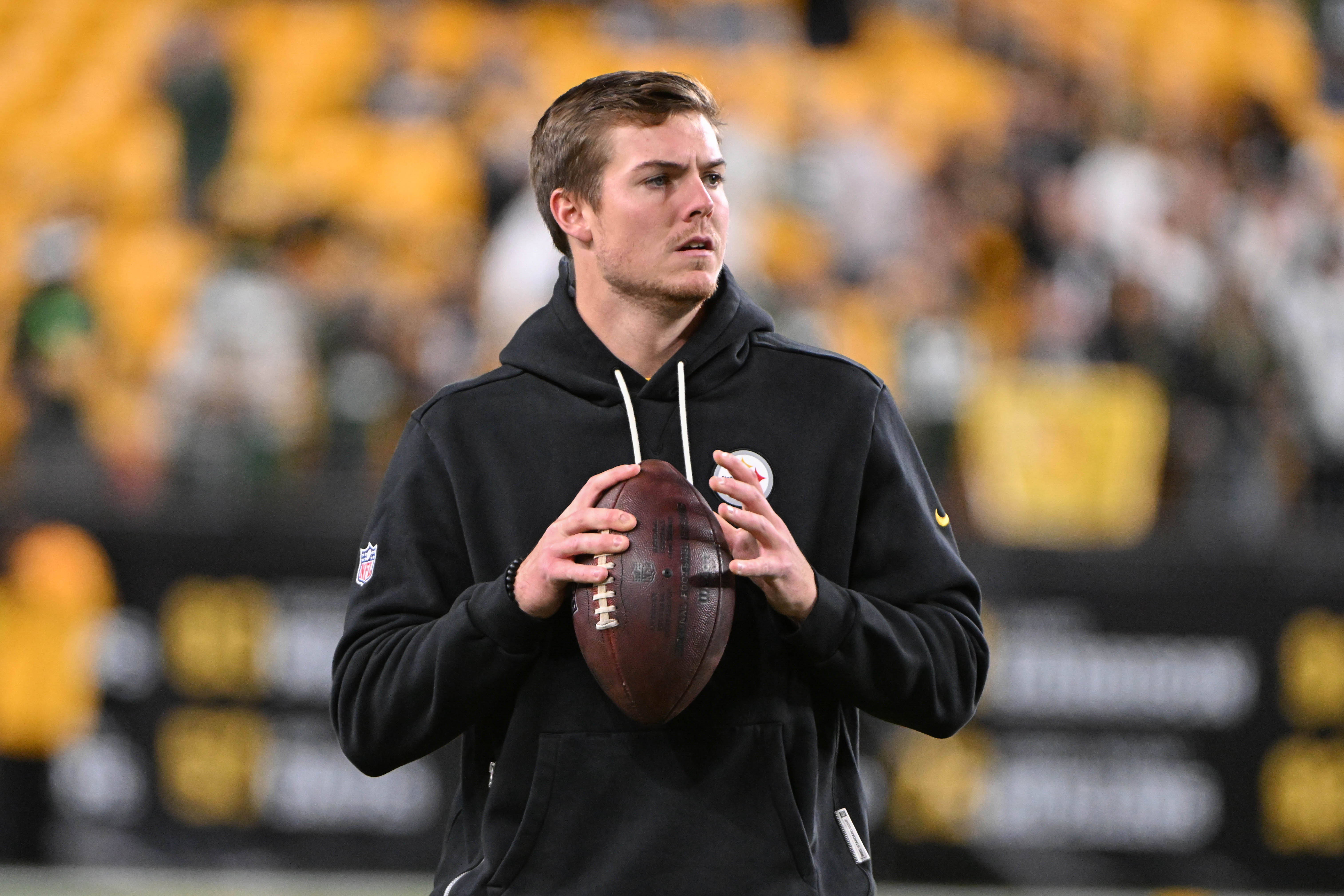 Oct 26, 2025; Pittsburgh, Pennsylvania, USA; Pittsburgh Steelers quarterback Will Howard warms up for a game against the Green Bay Packers at Acrisure Stadium.
