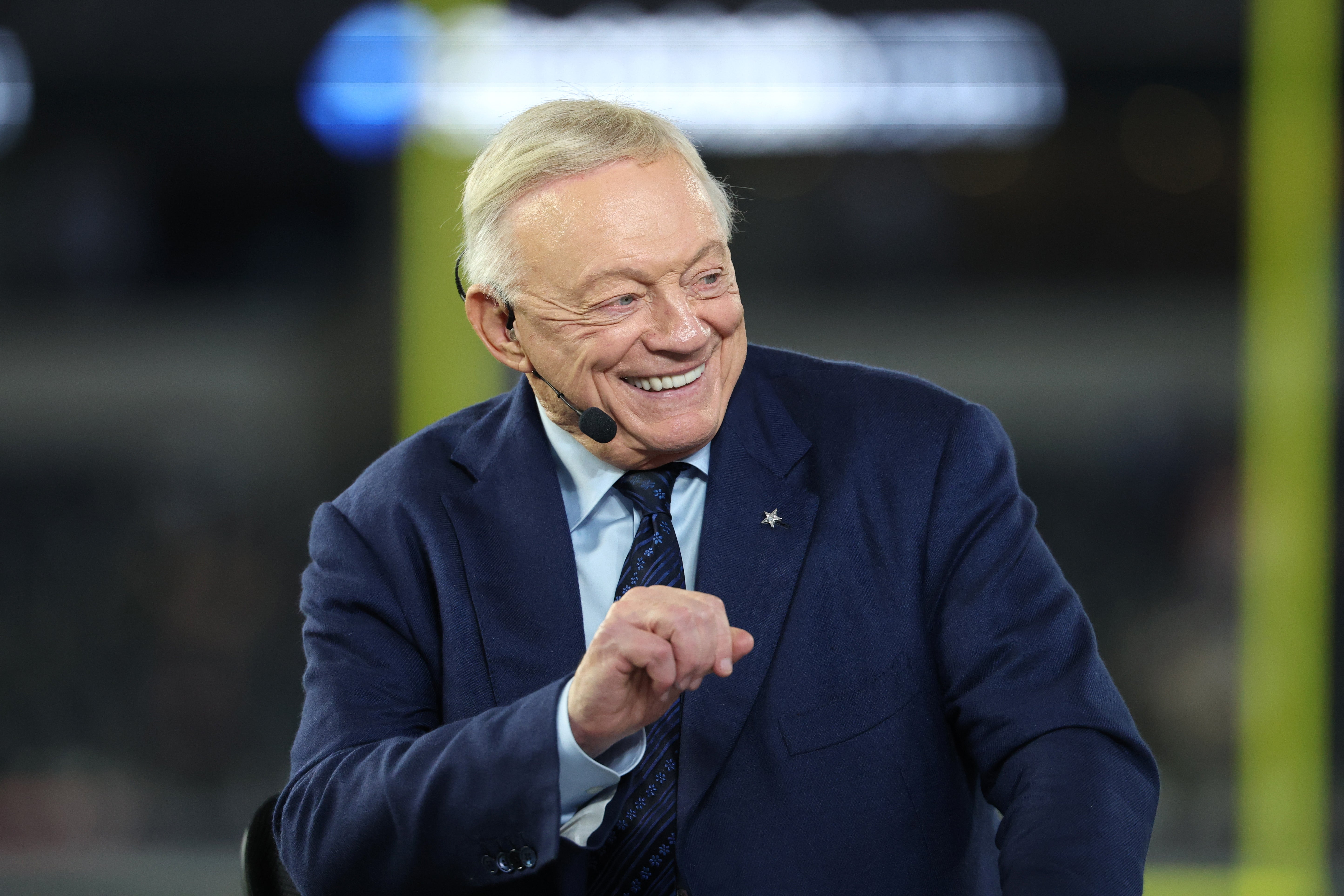 Nov 3, 2025; Arlington, Texas, USA; Dallas Cowboys owner Jerry Jones talks before the game against the Arizona Cardinals at AT&T Stadium.