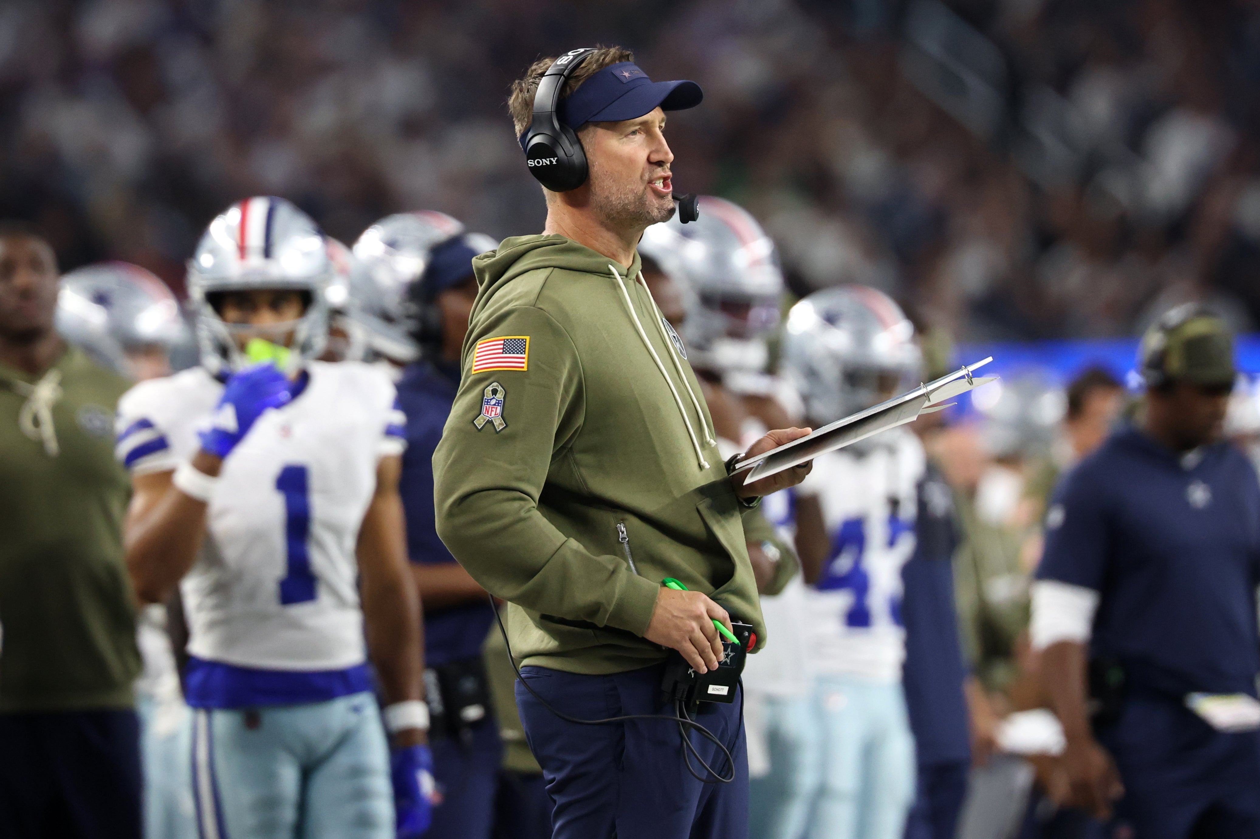 Dallas Cowboys head coach Brian Schottenheimer looks on in the second half against the Arizona Cardinals at AT&T Stadium.