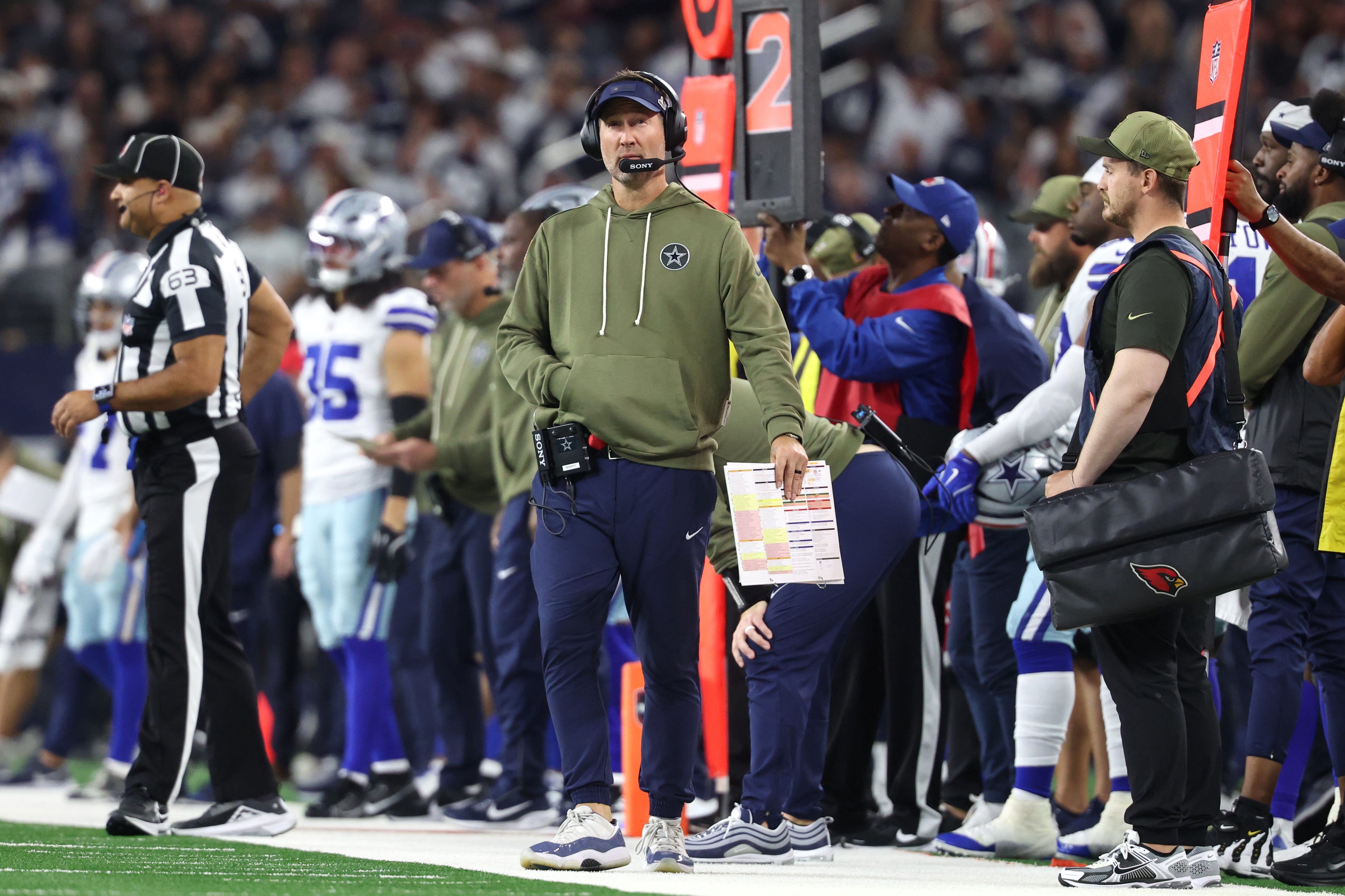 Dallas Cowboys head coach Brian Schottenheimer looks on in the second half against the Arizona Cardinals at AT&T Stadium