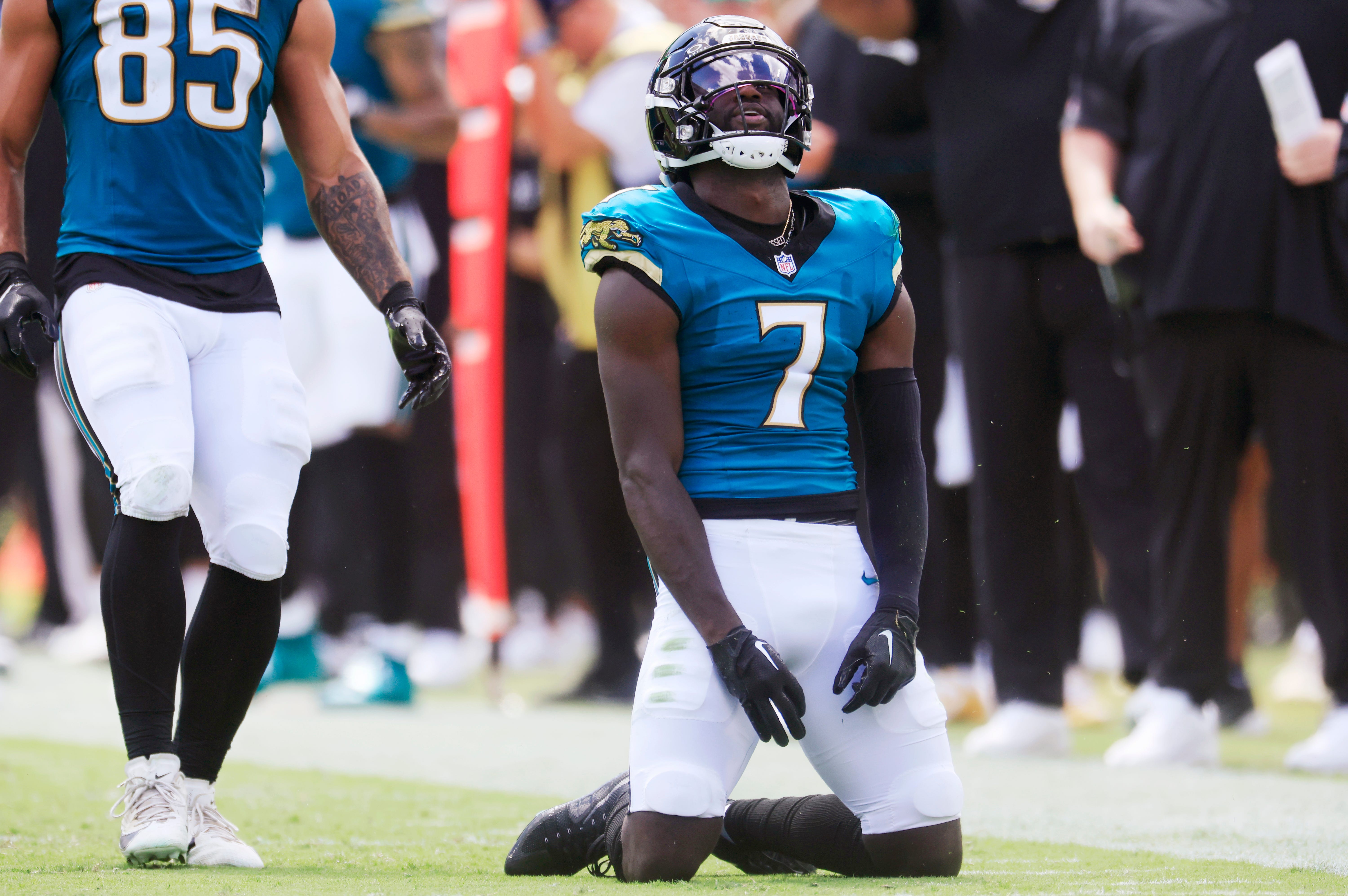 Jacksonville Jaguars wide receiver Brian Thomas Jr. (7) reacts to a dropped pass during the first quarter of an NFL football matchup at EverBank Stadium, Sunday, Sept. 21, 2025, in Jacksonville, Fla. The Jaguars defeated the Texans 17-10. The Jaguars defeated the Texans 17-10.