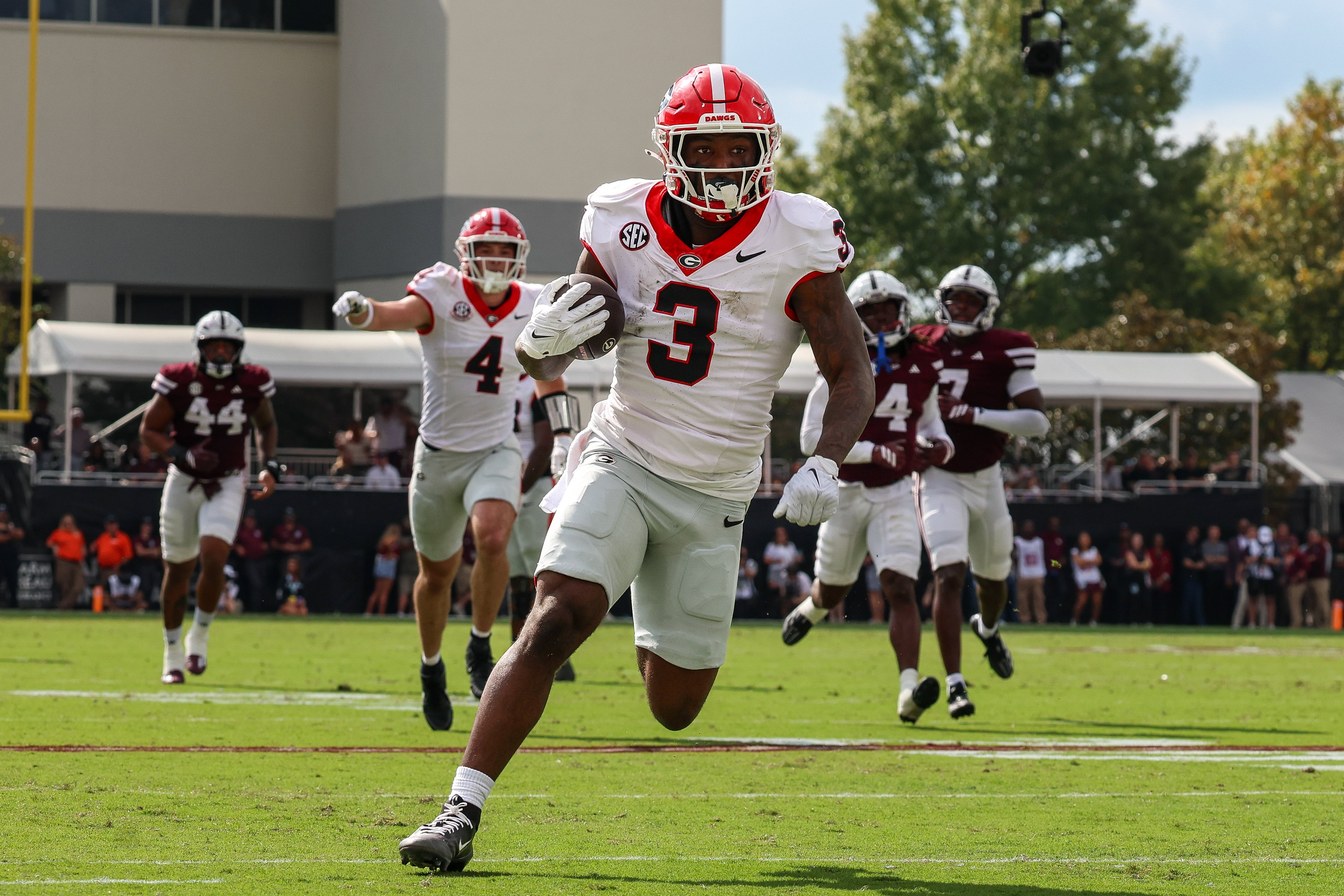 Georgia Bulldogs running back Nate Frazier (3) runs with the ball against the Mississippi State Bulldogs during the first half at Davis Wade Stadium at Scott Field.