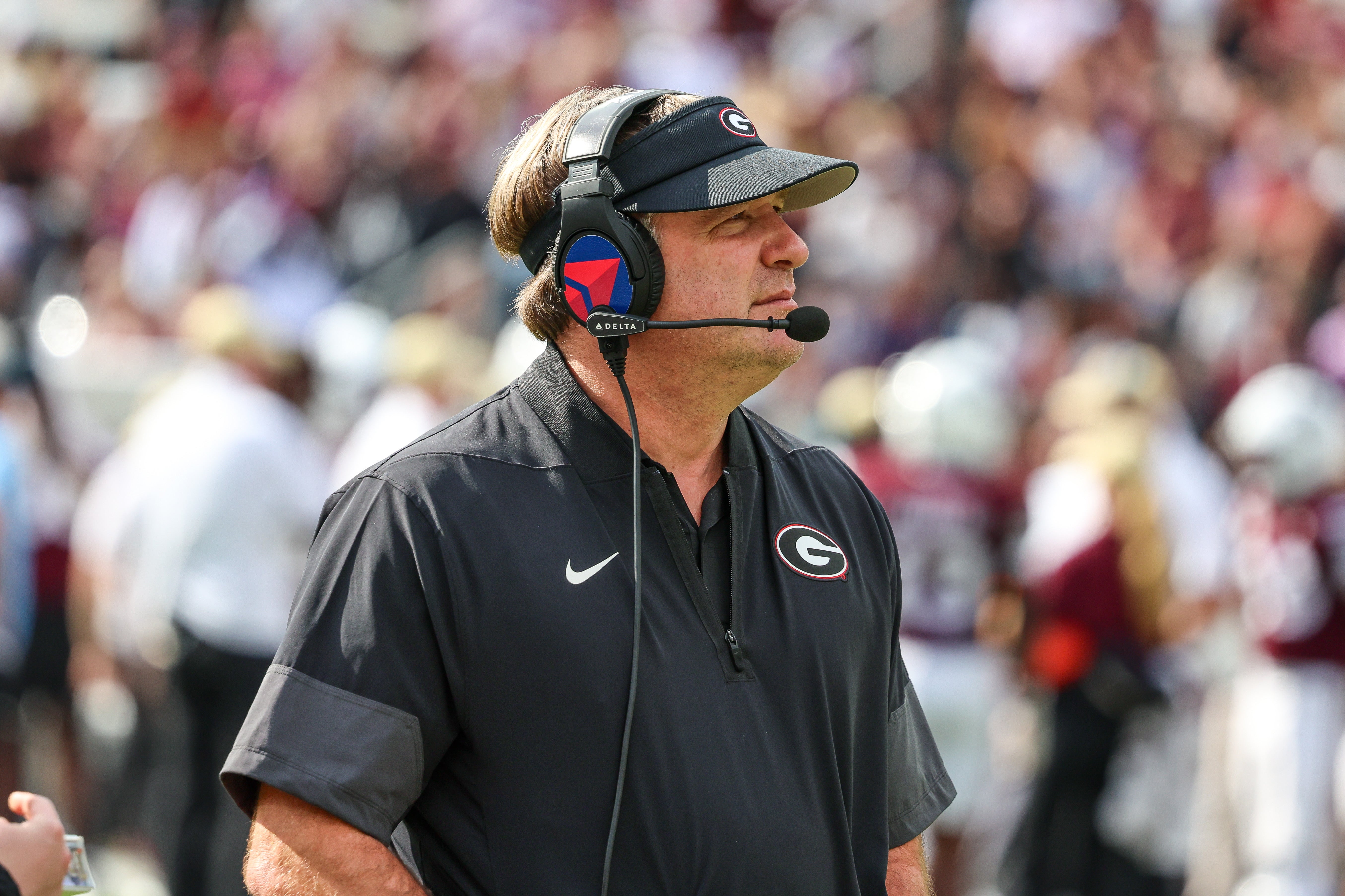 Georgia Bulldogs head coach Kirby Smart looks on against the Mississippi State Bulldogs during the first half at Davis Wade.