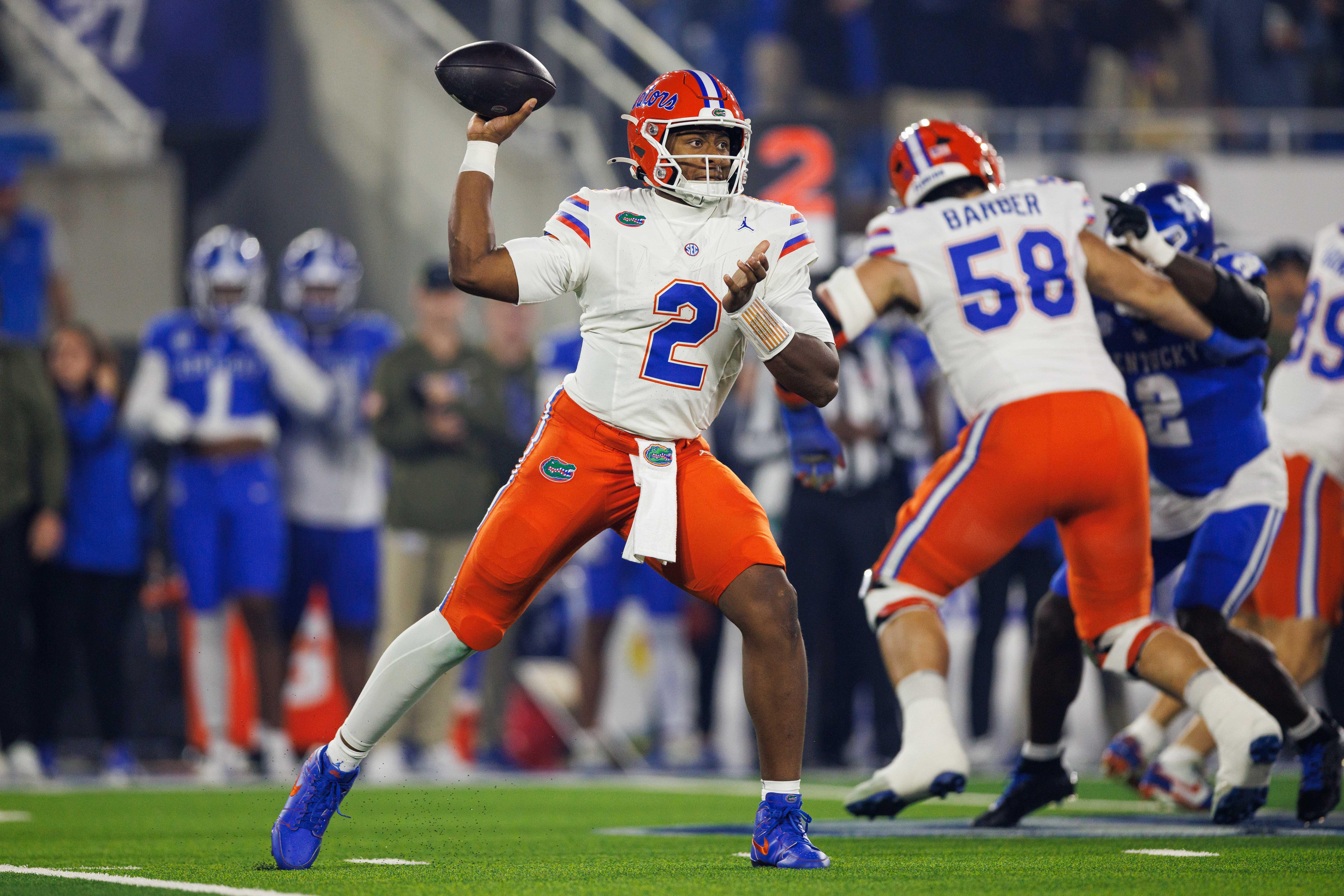 Nov 8, 2025; Lexington, Kentucky, USA; Florida Gators quarterback DJ Lagway (2) throws a pass during the first quarter against the Kentucky Wildcats at Kroger Field.