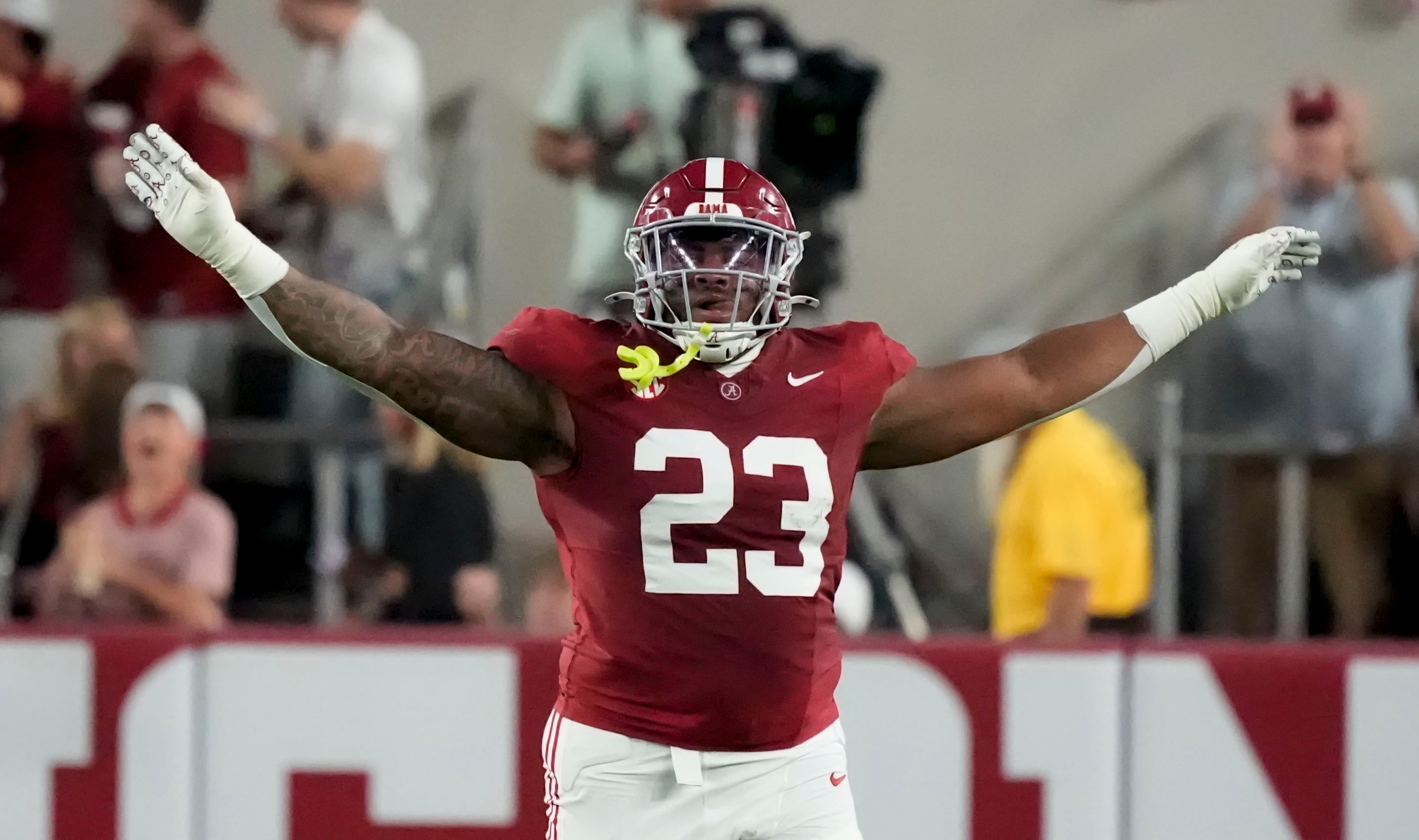 Nov 8, 2025; Tuscaloosa, Alabama, USA; Alabama defensive lineman James Smith (23) celebrates after LSU missed a field goal at Saban Field at Bryant-Denny Stadium.