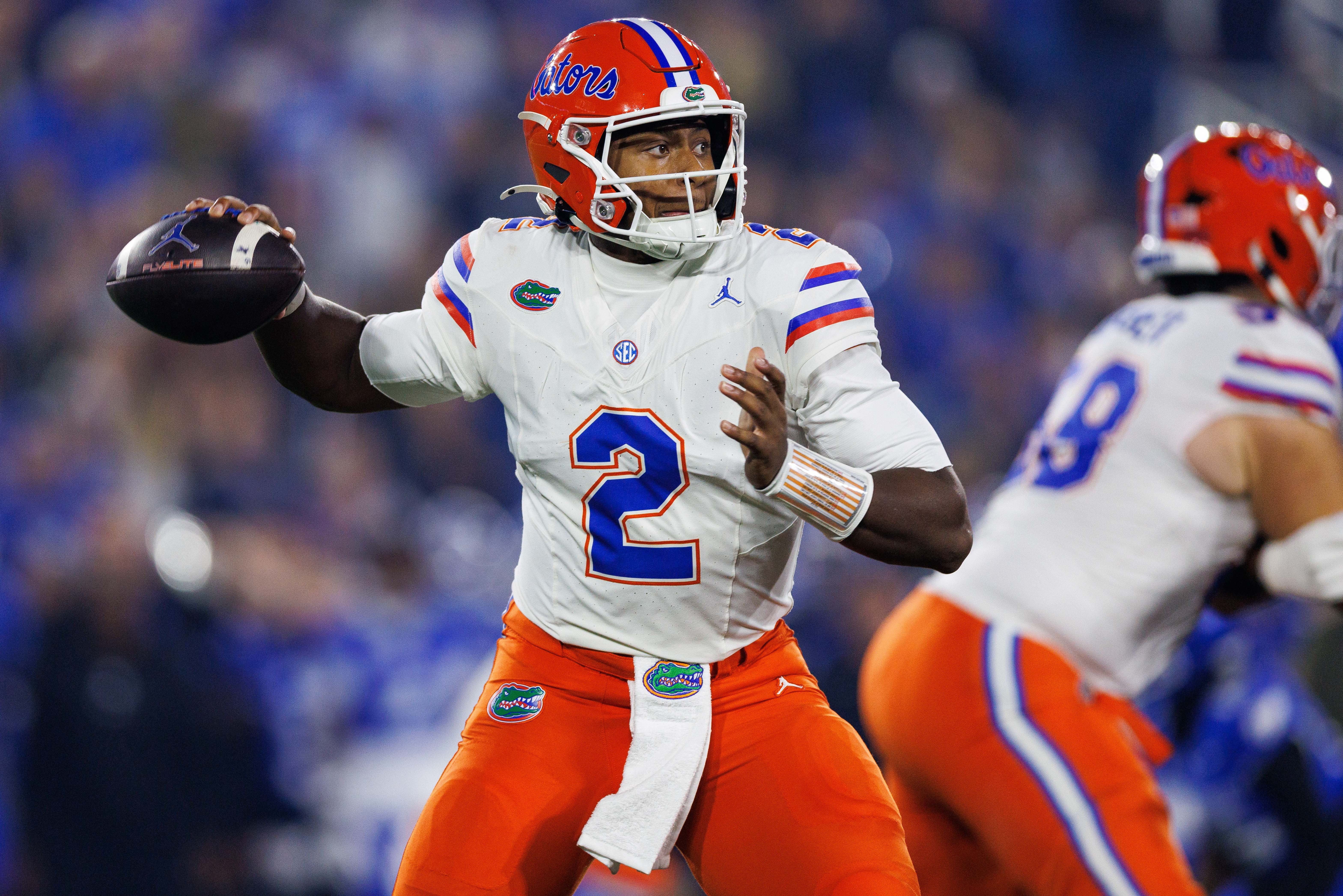 Nov 8, 2025; Lexington, Kentucky, USA; Florida Gators quarterback DJ Lagway (2) throws a pass during the first quarter against the Kentucky Wildcats at Kroger Field.