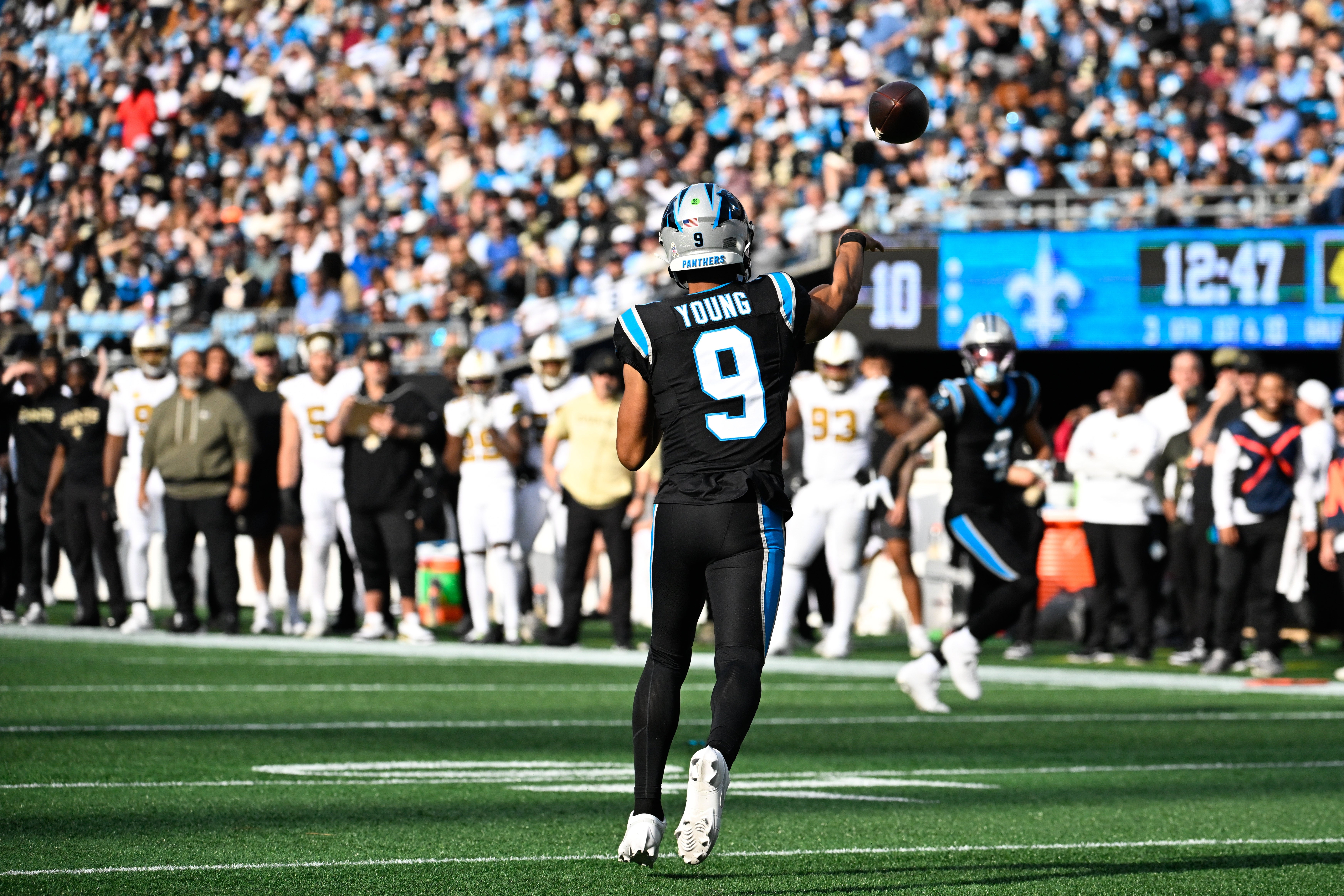 Nov 9, 2025; Charlotte, North Carolina, USA; Carolina Panthers quarterback Bryce Young (9) throws a pass during the third quarter against the New Orleans Saints at Bank of America Stadium.