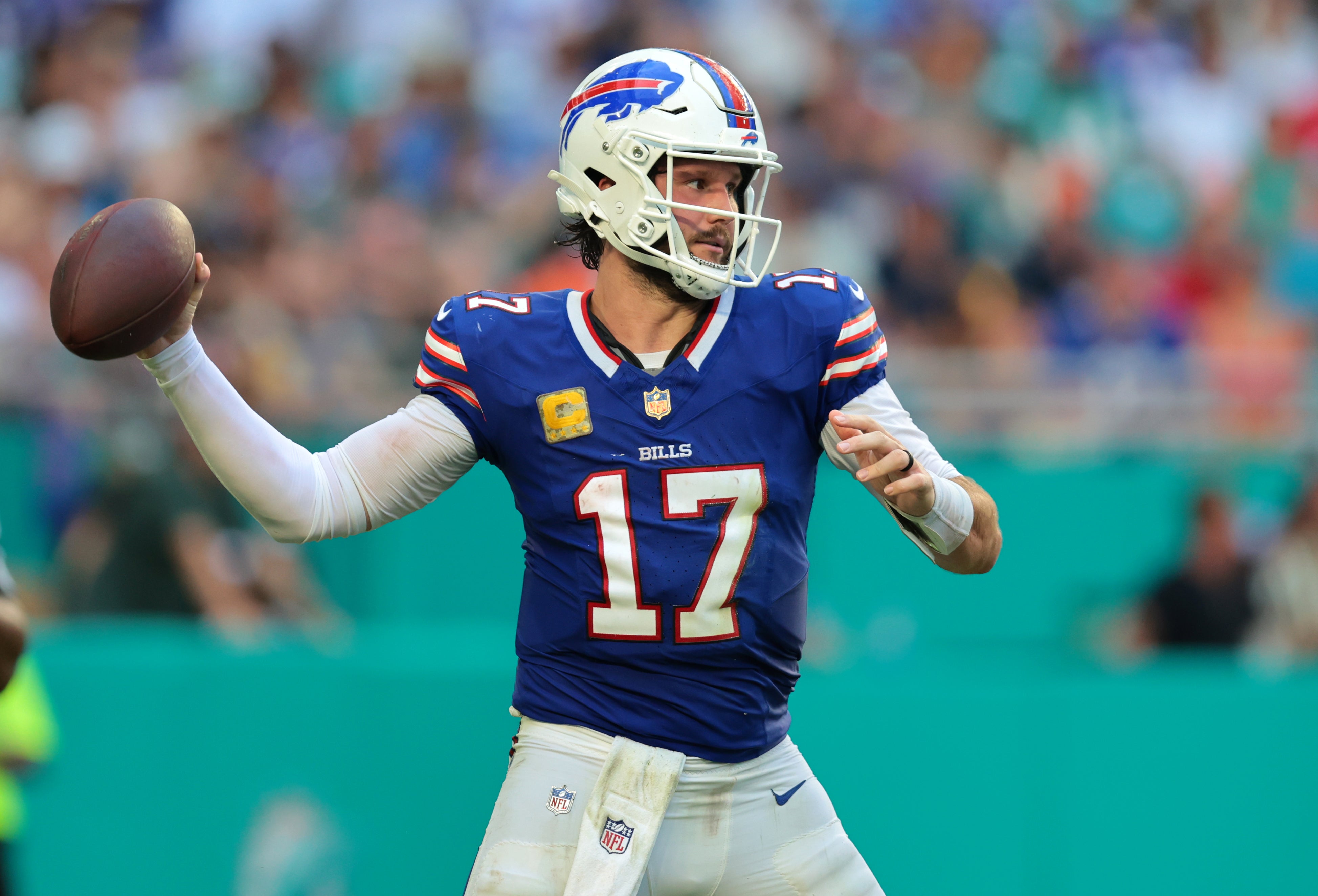 Nov 9, 2025; Miami Gardens, Florida, USA; Buffalo Bills quarterback Josh Allen (17) throws during the second half against the Miami Dolphins at Hard Rock Stadium.