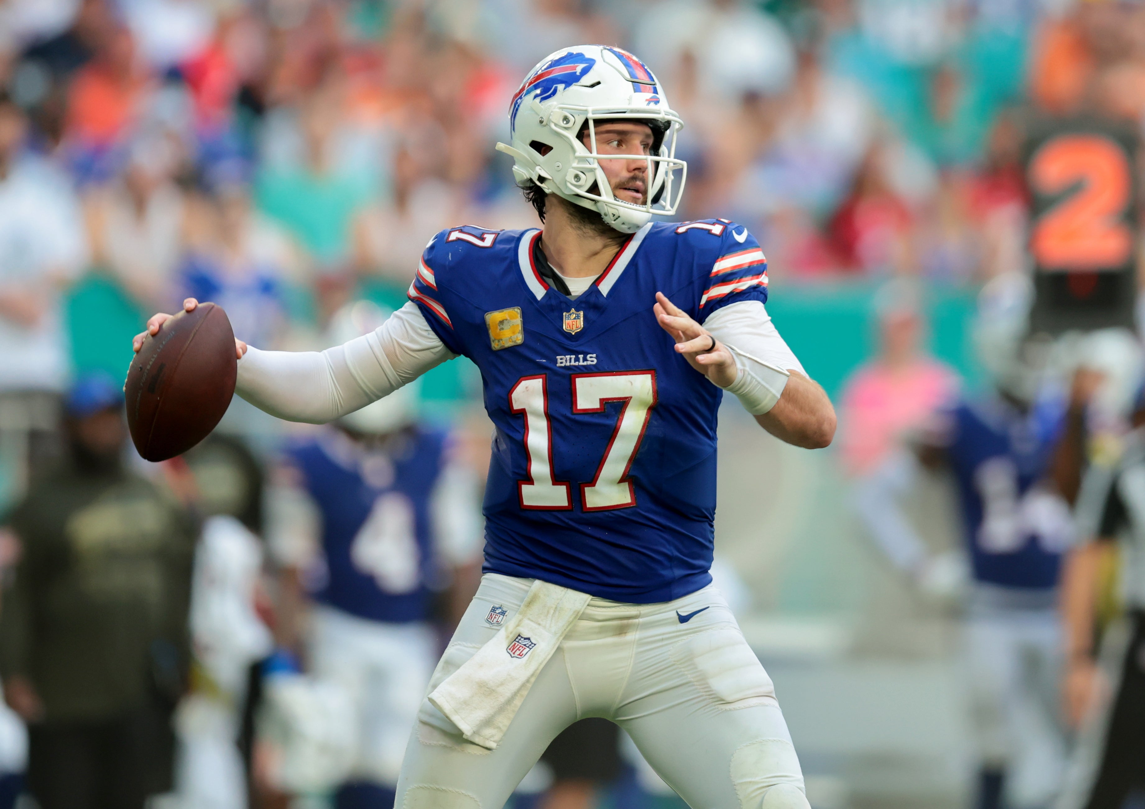 Nov 9, 2025; Miami Gardens, Florida, USA; Buffalo Bills quarterback Josh Allen (17) throws during the second half against the Miami Dolphins at Hard Rock Stadium.