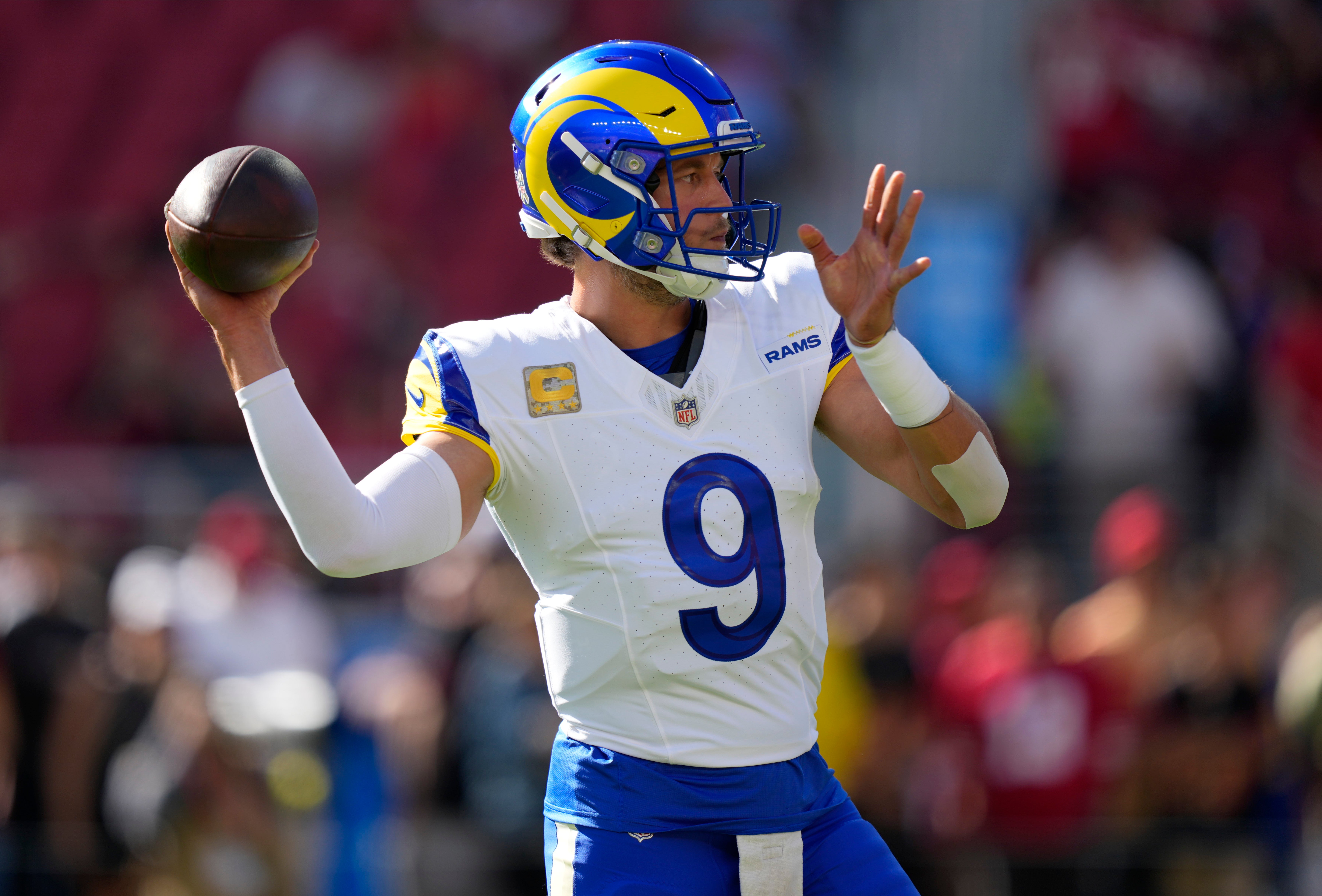 Nov 9, 2025; Santa Clara, California, USA; Los Angeles Rams quarterback Matthew Stafford (9) warms up prior to the game against the San Francisco 49ers at Levi's Stadium.