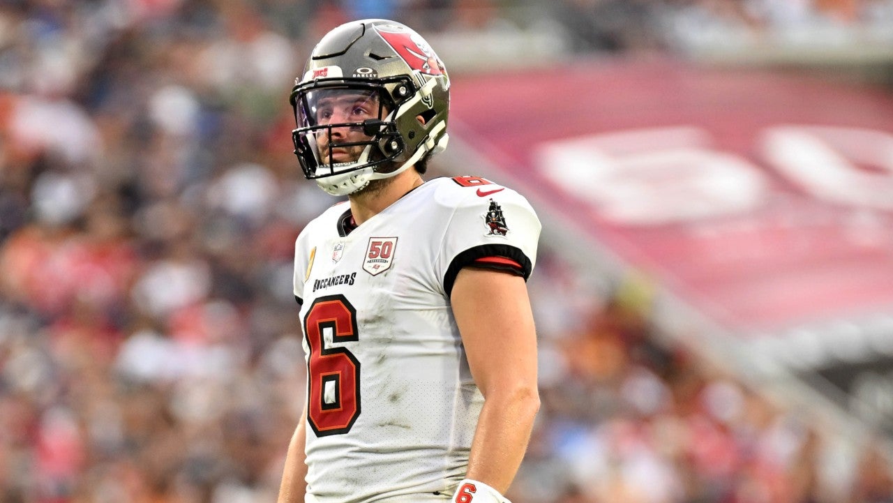 Nov 9, 2025; Tampa, Florida, USA; Tampa Bay Buccaneers quarterback Baker Mayfield (6) stands on the field during the fourth quarter against the New England Patriots at Raymond James Stadium.