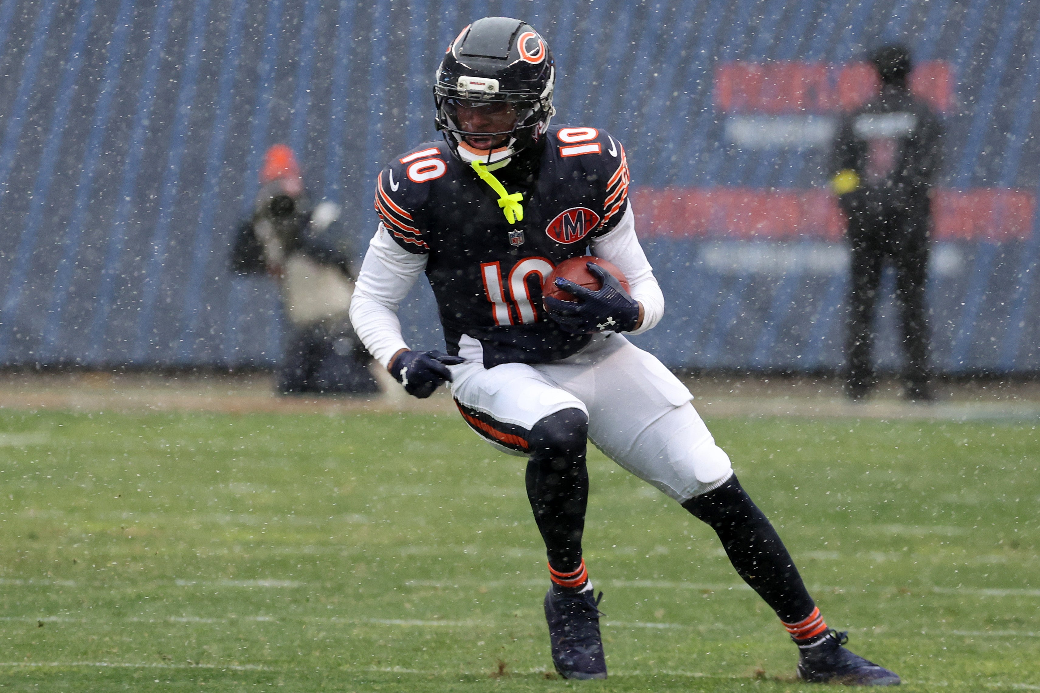 Nov 9, 2025; Chicago, Illinois, USA; Chicago Bears wide receiver Luther Burden III (10) makes a catch against the New York Giants during the second half at Soldier Field.