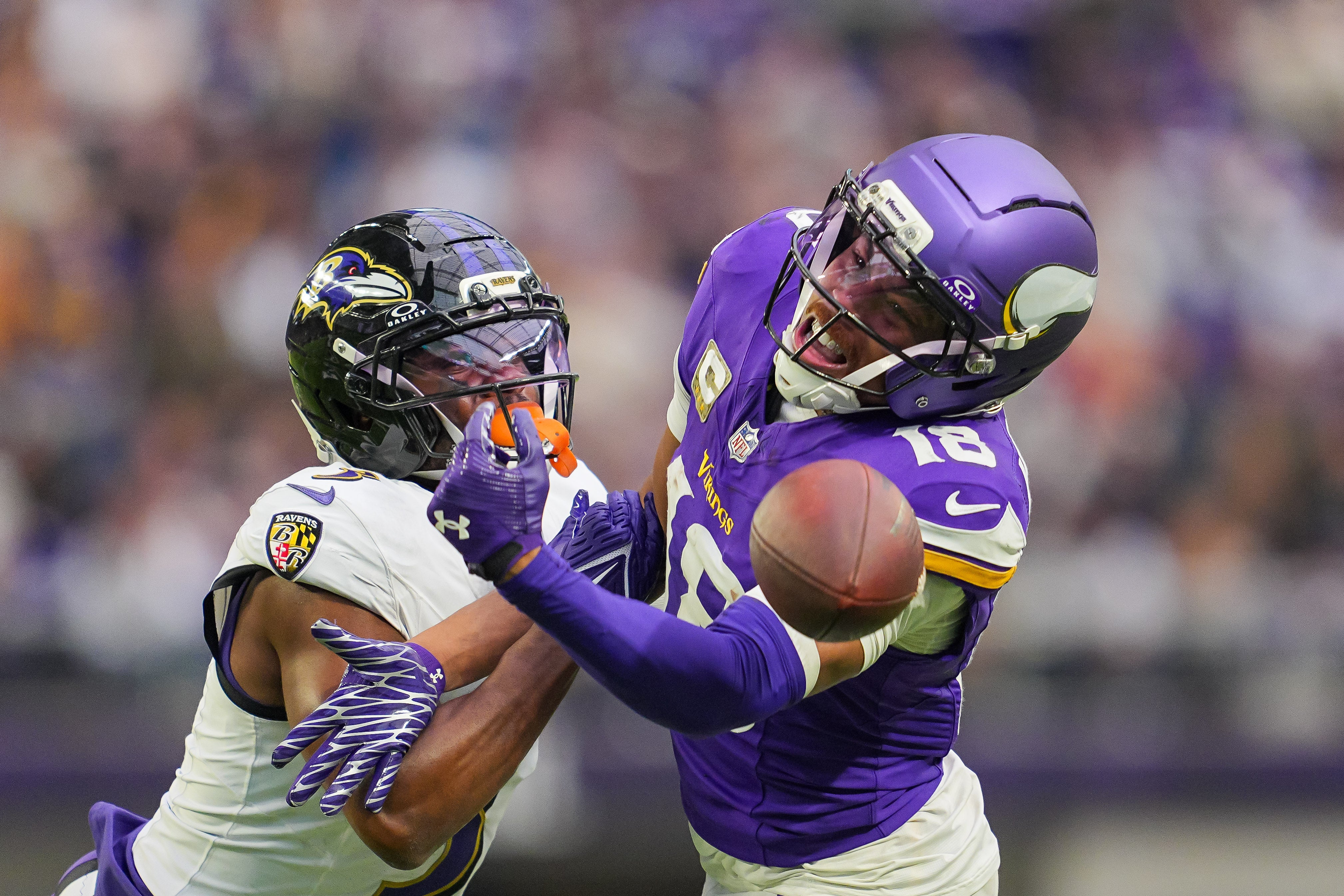Nov 9, 2025; Minneapolis, Minnesota, USA; Baltimore Ravens cornerback Chidobe Awuzie (3) is called for pass interference against Minnesota Vikings wide receiver Justin Jefferson (18) in the fourth quarter at U.S. Bank Stadium.