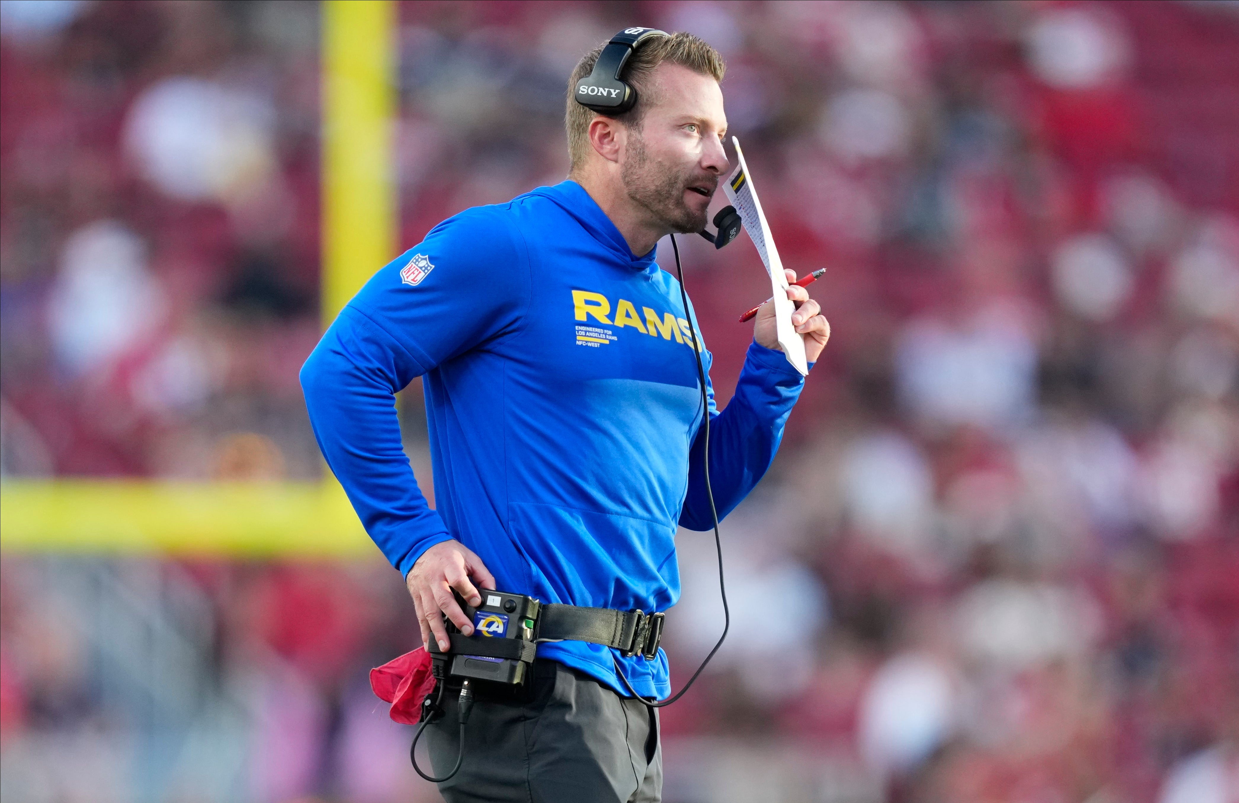 Nov 9, 2025; Santa Clara, California, USA; Los Angeles Rams head coach Sean McVay is seen during the fourth quarter against the San Francisco 49ers at Levi's Stadium.
