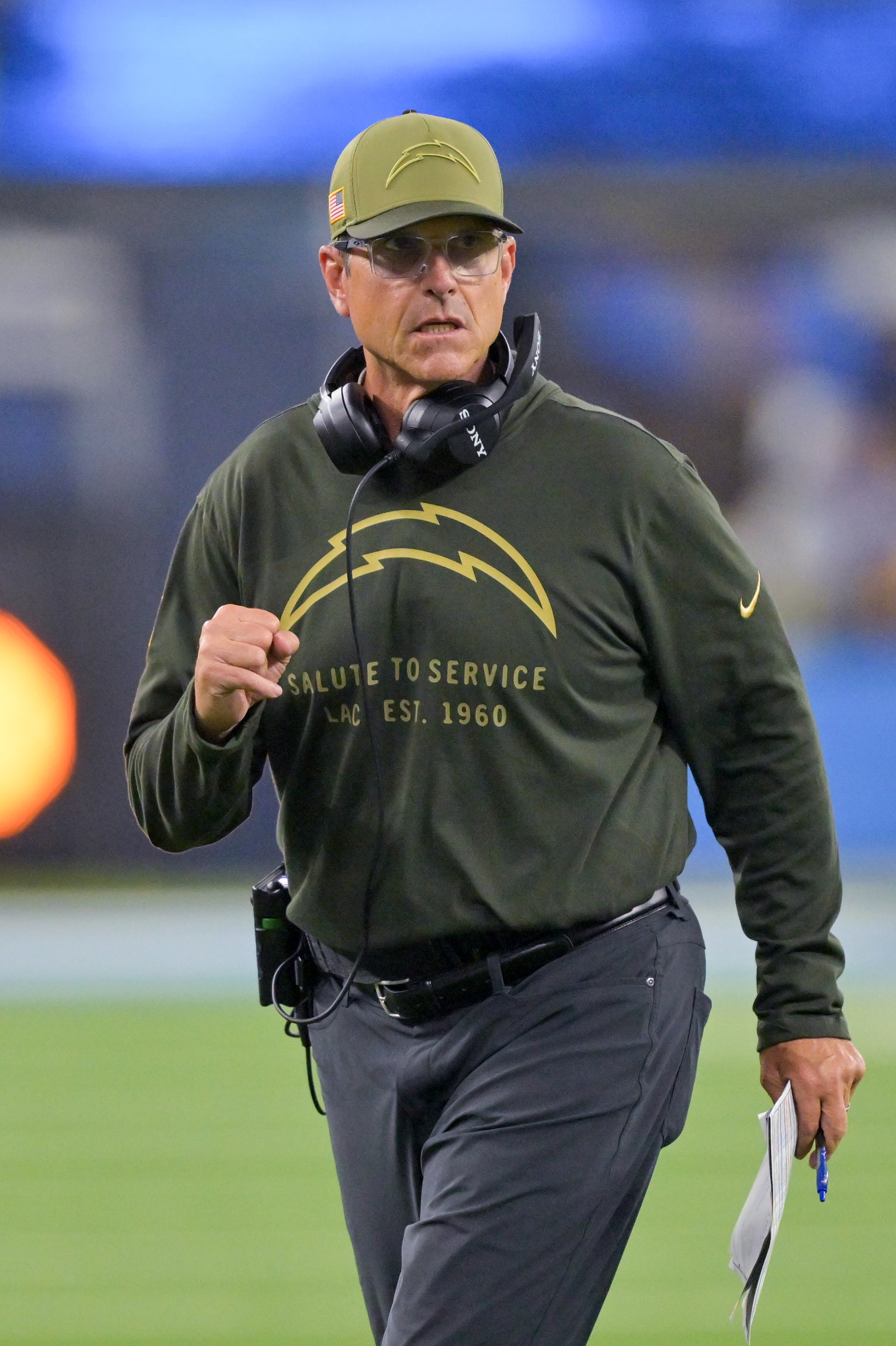Nov 9, 2025; Inglewood, California, USA; Los Angeles Chargers head coach Jim Harbaugh reacts during the fourth quarter of the game against the Pittsburgh Steelers at SoFi Stadium. Mandatory Credit: Jayne Kamin-Oncea-Imagn Images