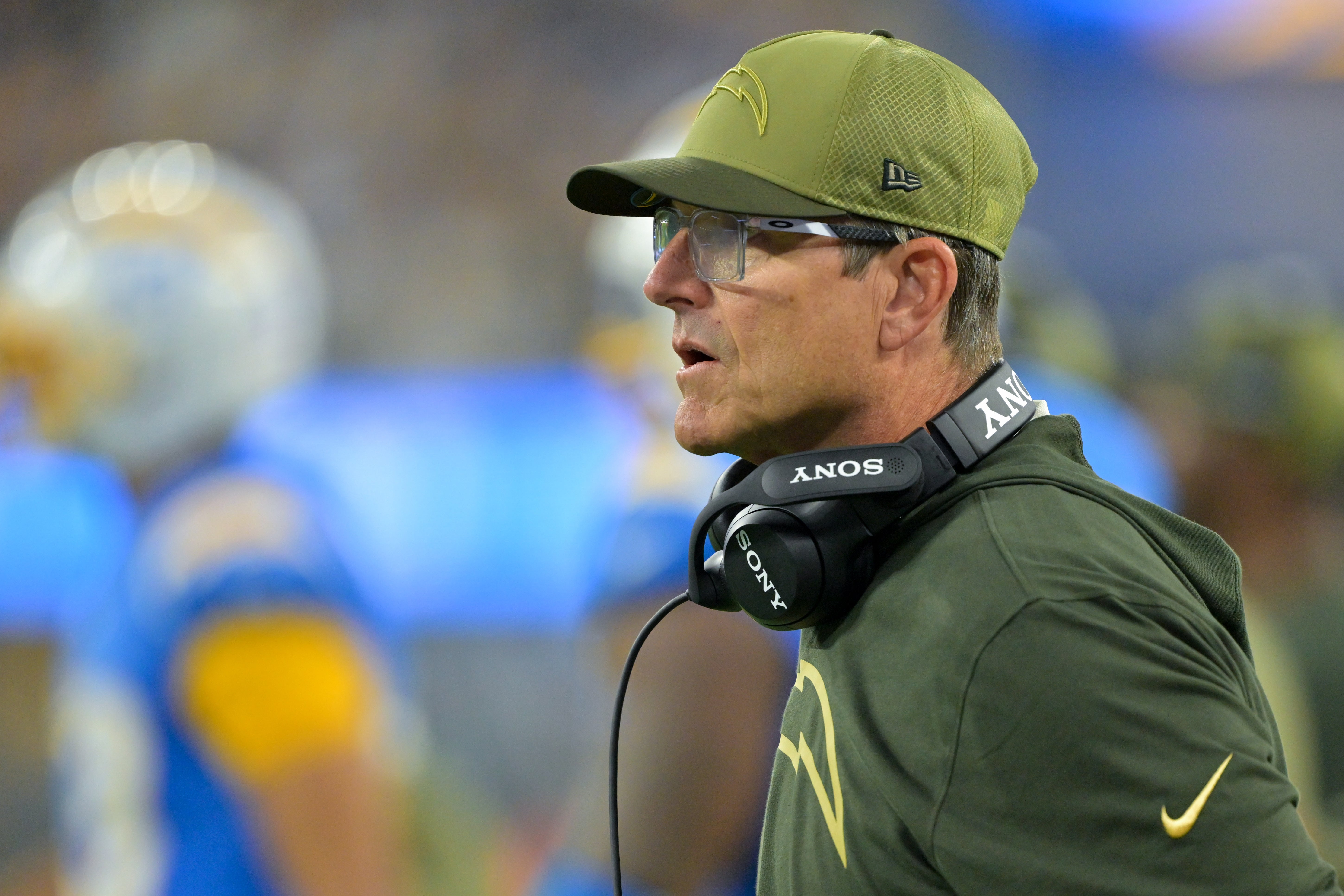 Nov 9, 2025; Inglewood, California, USA; Los Angeles Chargers head coach Jim Harbaugh looks on during the third quarter of the game against the Pittsburgh Steelers at SoFi Stadium. Mandatory Credit: Jayne Kamin-Oncea-Imagn Images