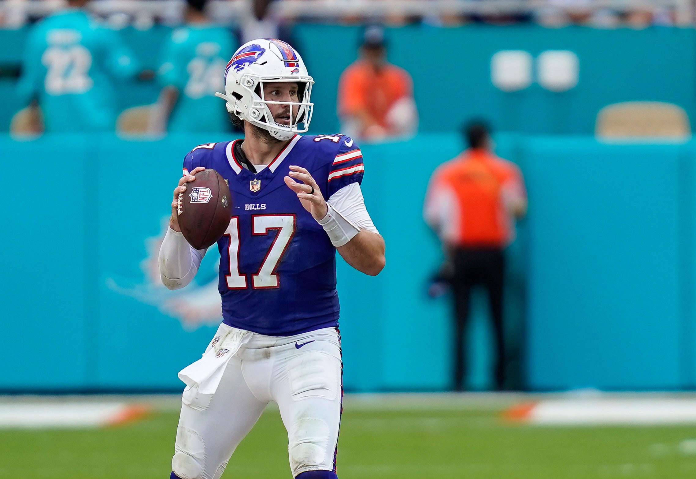 Nov 9, 2025; Miami Gardens, Florida, USA; Buffalo Bills quarterback Josh Allen (17) looks to pass against the Miami Dolphins during the third quarter at Hard Rock Stadium.