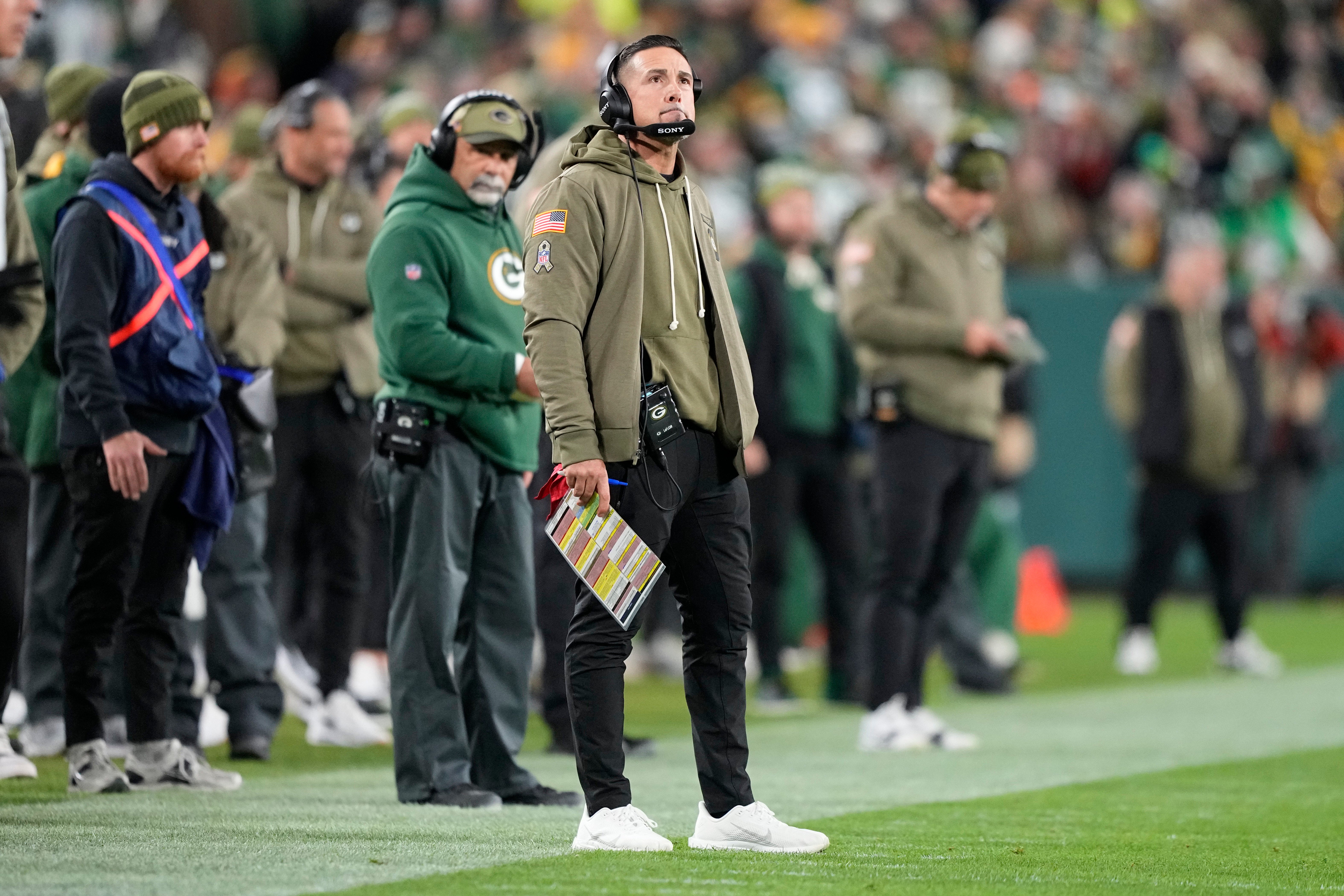 Nov 10, 2025; Green Bay, Wisconsin, USA; Green Bay Packers head coach Matt LaFleur looks on from the sidelines against the Philadelphia Eagles in the second half at Lambeau Field.