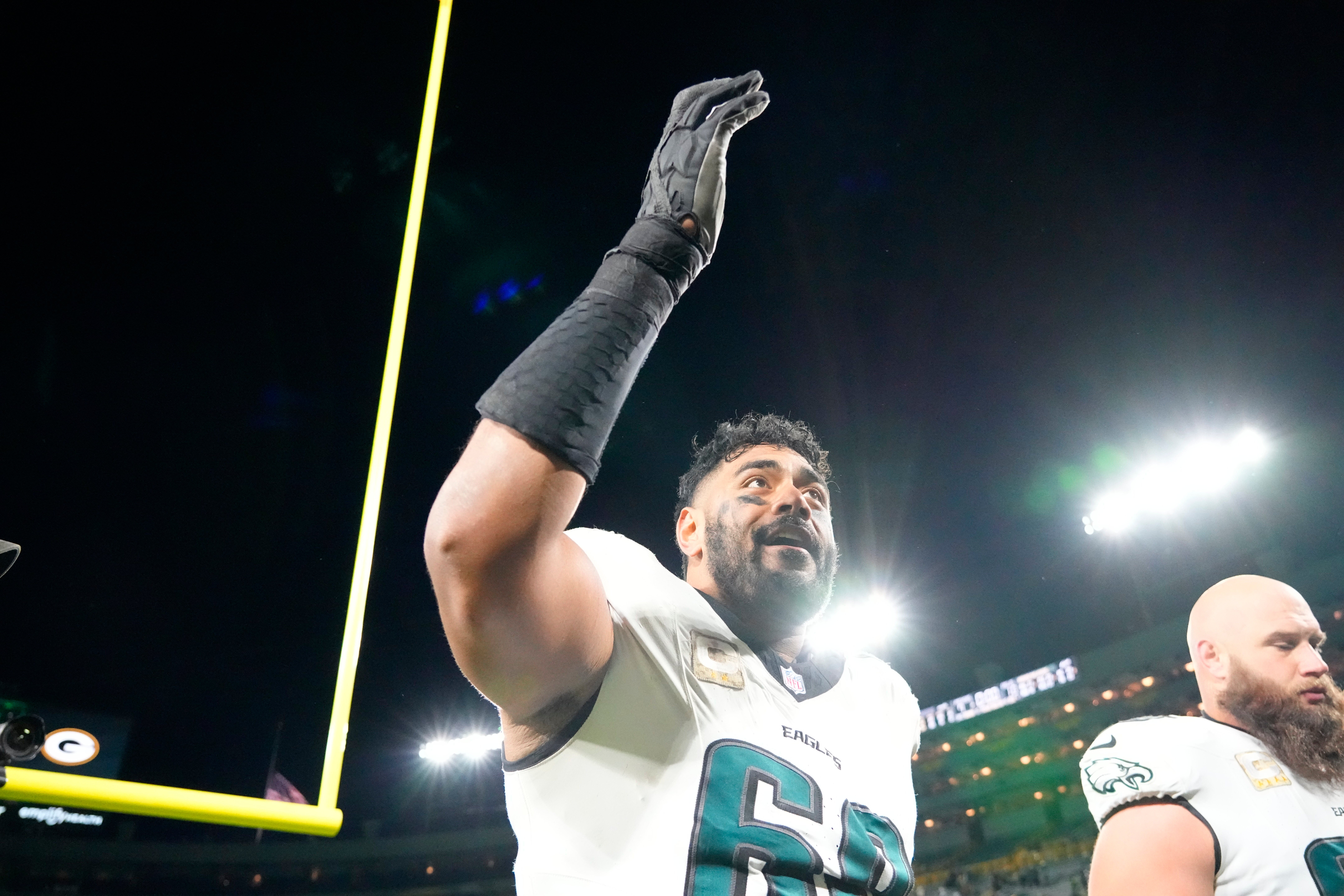 Philadelphia Eagles offensive tackle Lane Johnson (65) leaves the field following a game against the Green Bay Packers at Lambeau Field.