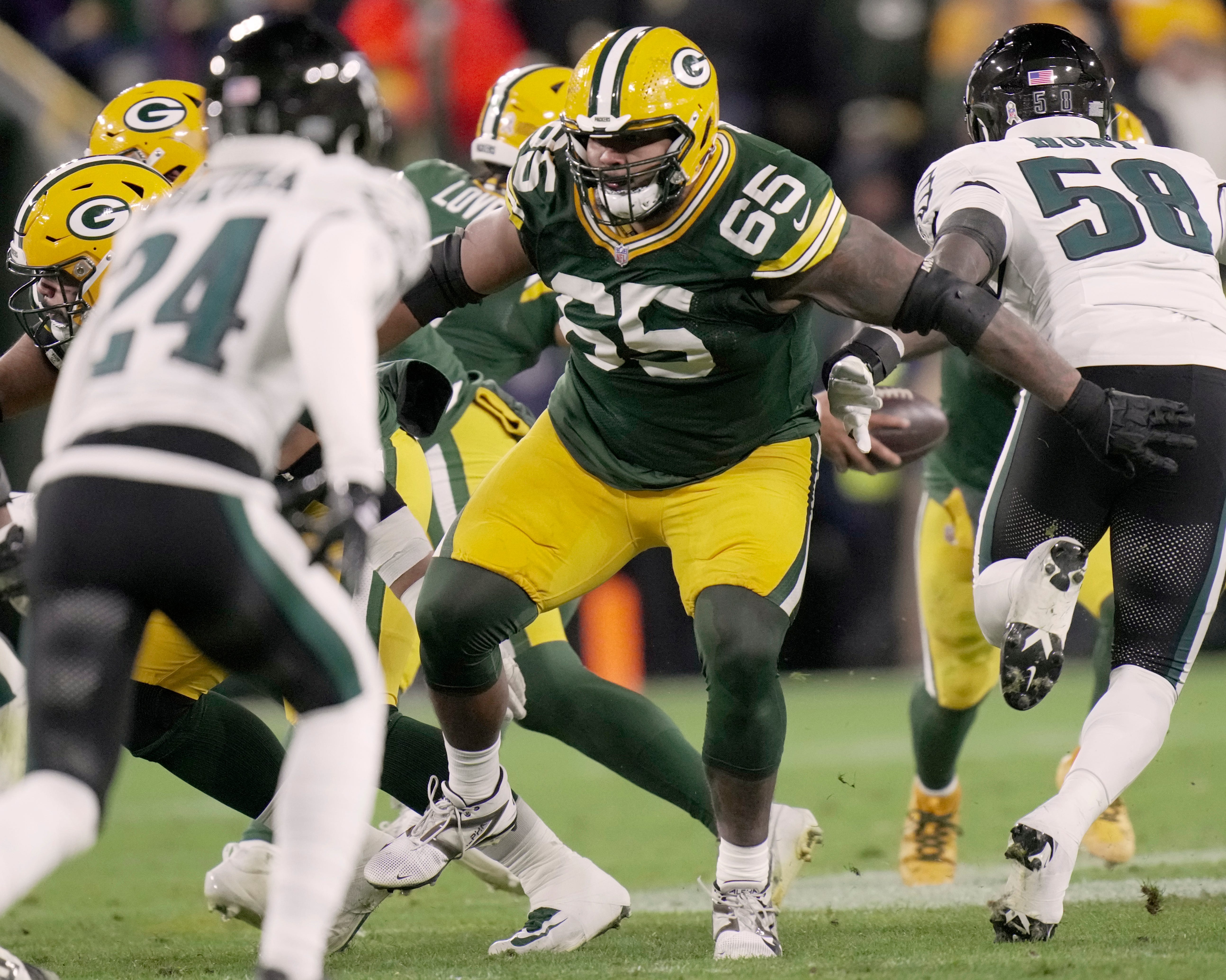 Green Bay Packers guard Aaron Banks (65) is shown during the third quarter of their game against the Philadelphia Eagles Monday, November 10, 2025 at Lambeau Field in Green Bay, Wisconsin.