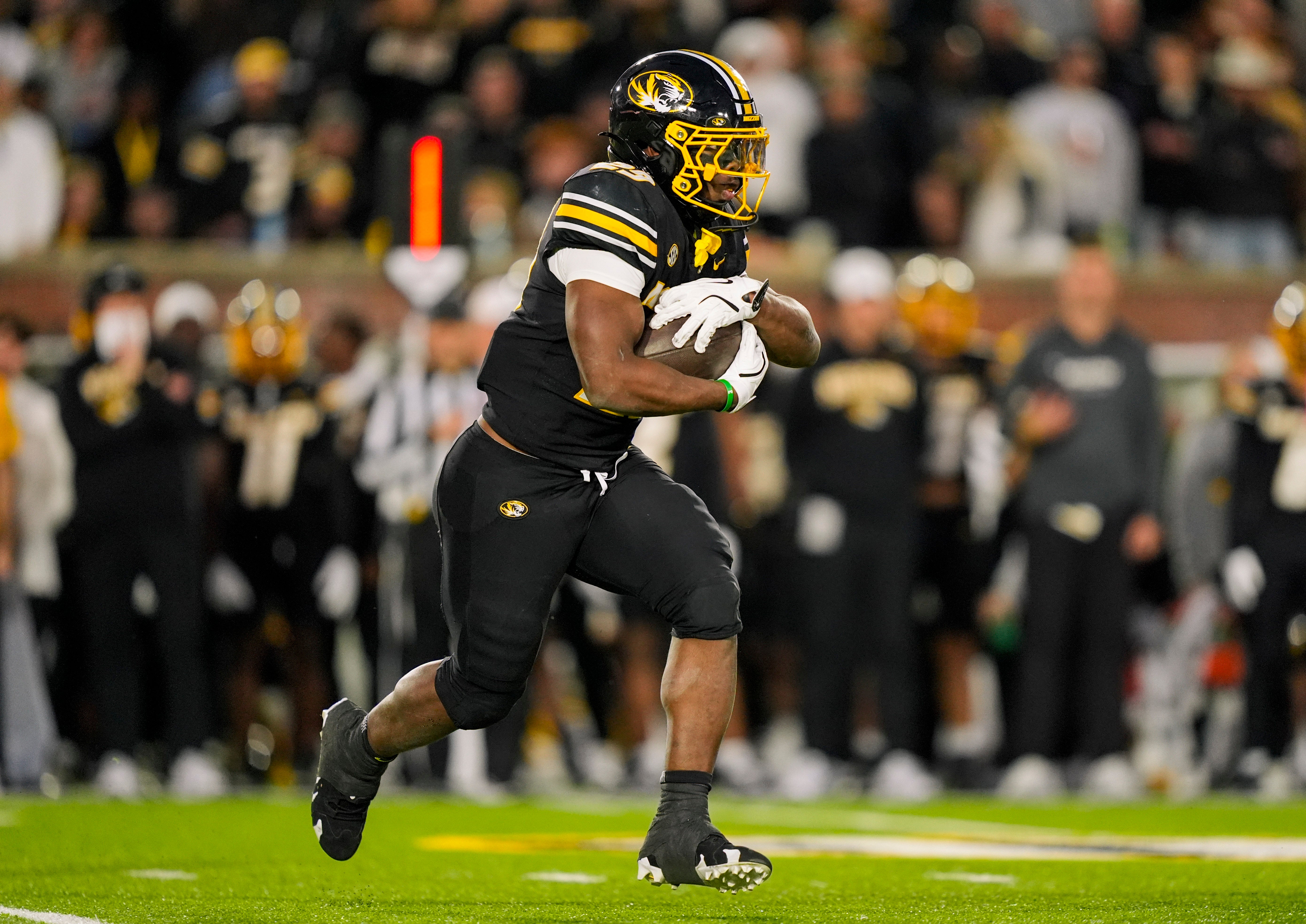 Nov 8, 2025; Columbia, Missouri, USA; Missouri Tigers running back Ahmad Hardy (29) runs the ball during the second half against the Texas A&M Aggies at Faurot Field at Memorial Stadium. Mandatory Credit: Jay Biggerstaff-Imagn Images