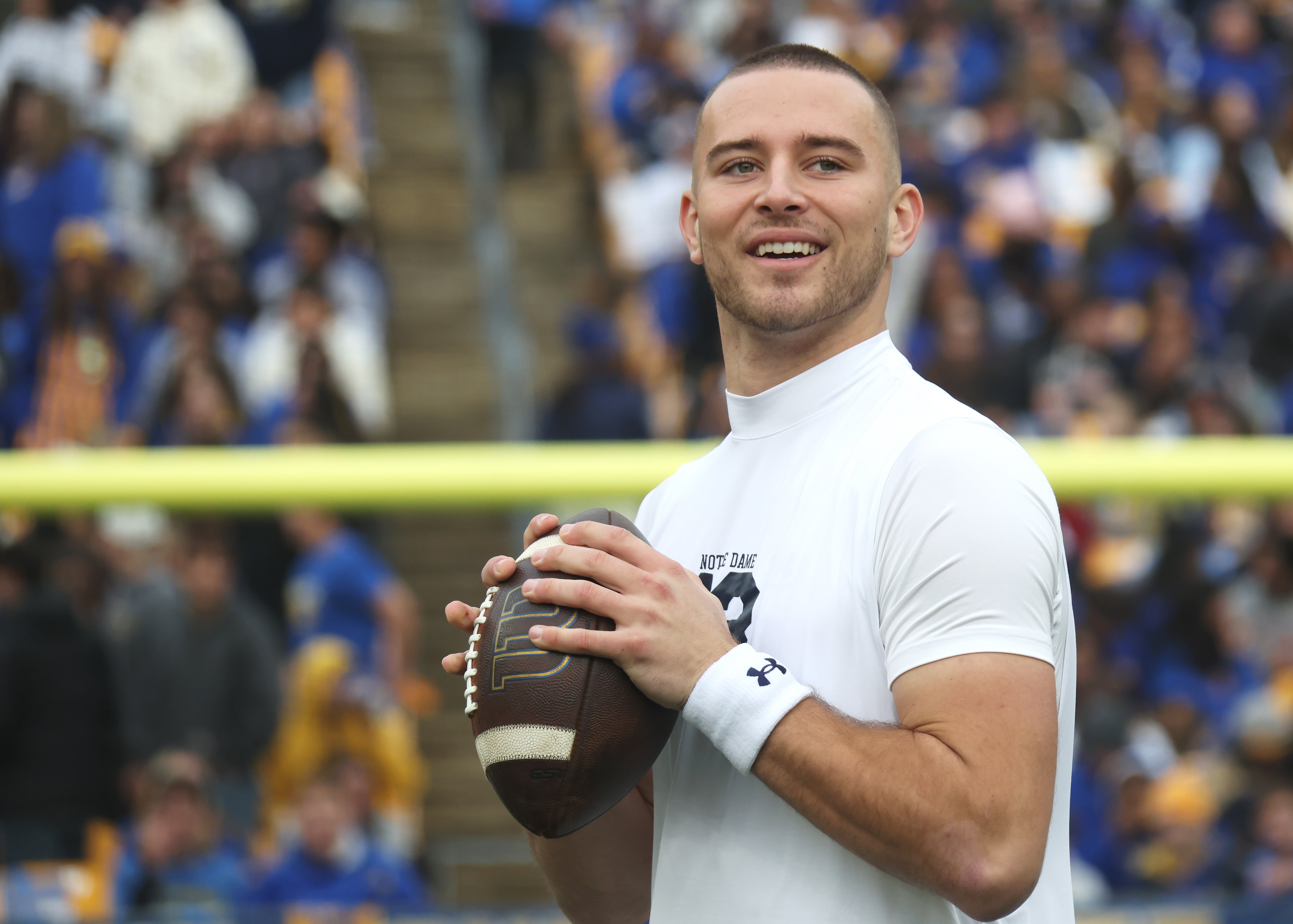 Nov 15, 2025; Pittsburgh, Pennsylvania, USA; Notre Dame Fighting Irish quarterback CJ Carr (13) warms up before the game against the Pittsburgh Panthers at Acrisure Stadium. Mandatory Credit: Charles LeClaire-Imagn Images