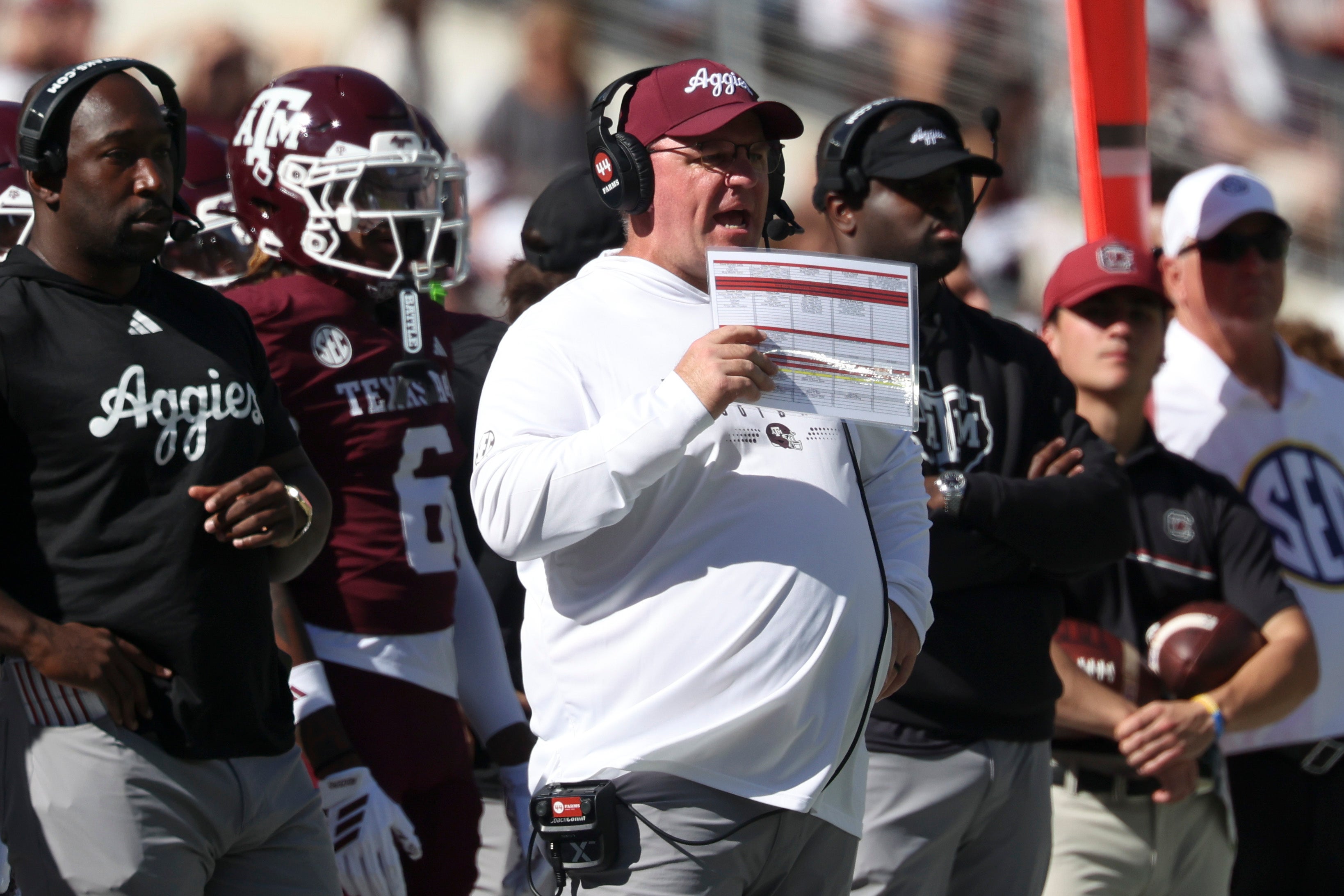Nov 15, 2025; College Station, Texas, USA; Texas A&M Aggies head coach Mike Elko reacts on the sideline during the second quarter against the South Carolina Gamecocks at Kyle Field.