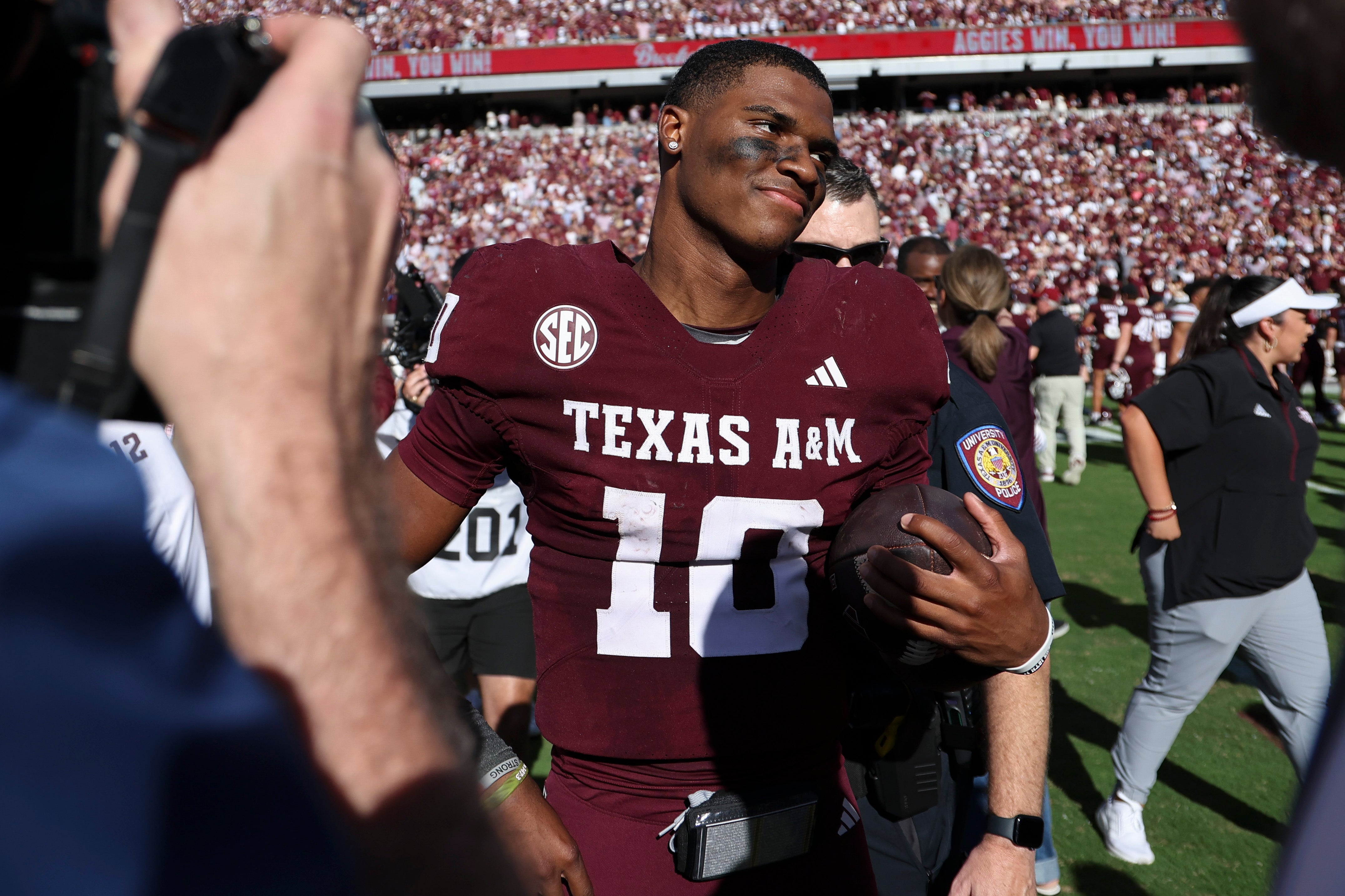 Nov 15, 2025; College Station, Texas, USA; Texas A&M Aggies quarterback Marcel Reed (10) walks on the field after the game against the South Carolina Gamecocks at Kyle Field.