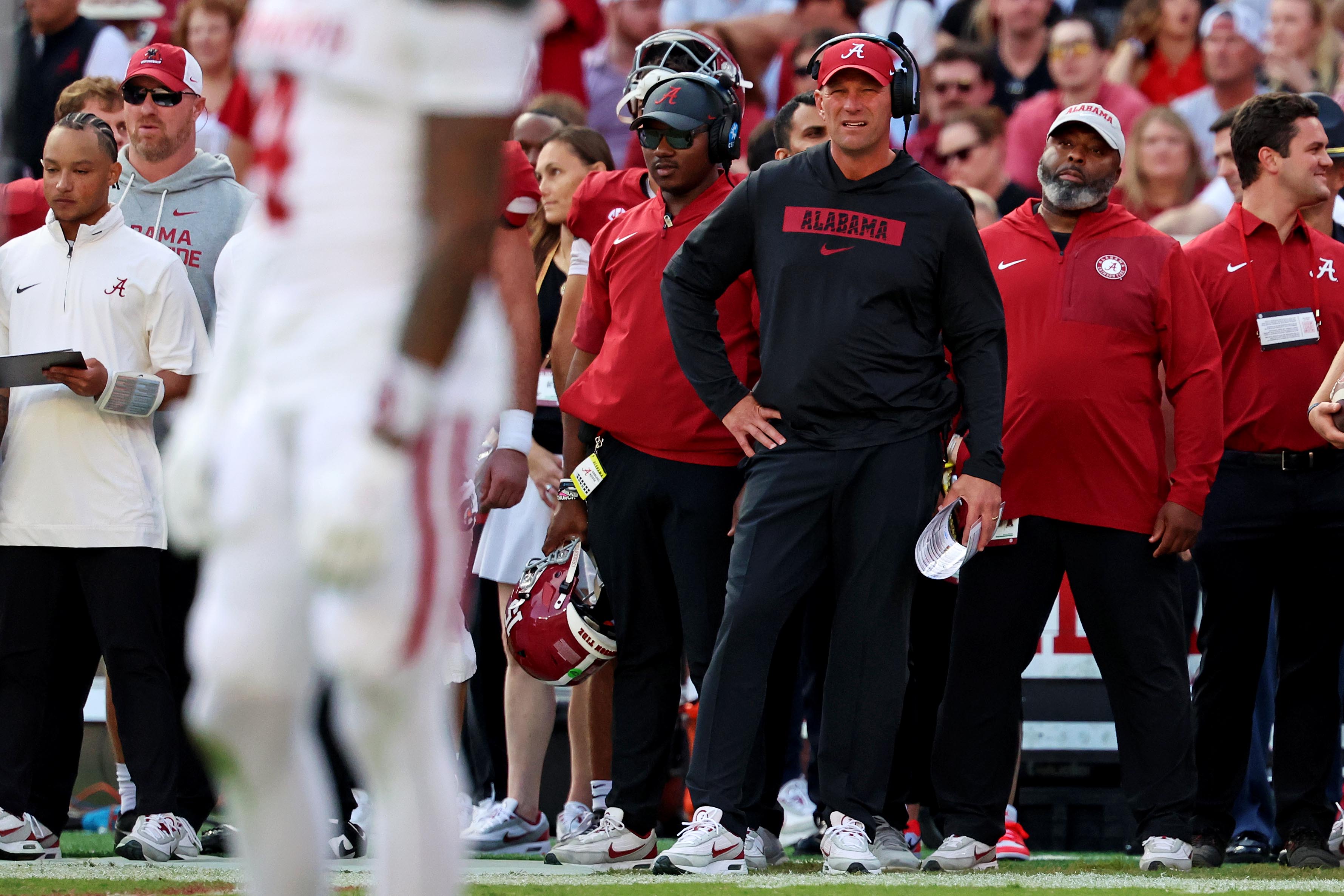 Nov 15, 2025; Tuscaloosa, Alabama, USA; Alabama Crimson Tide head coach Kalen Deboer looks on during the first half go the game against the Oklahoma Sooners at Saban Field at Bryant-Denny Stadium.