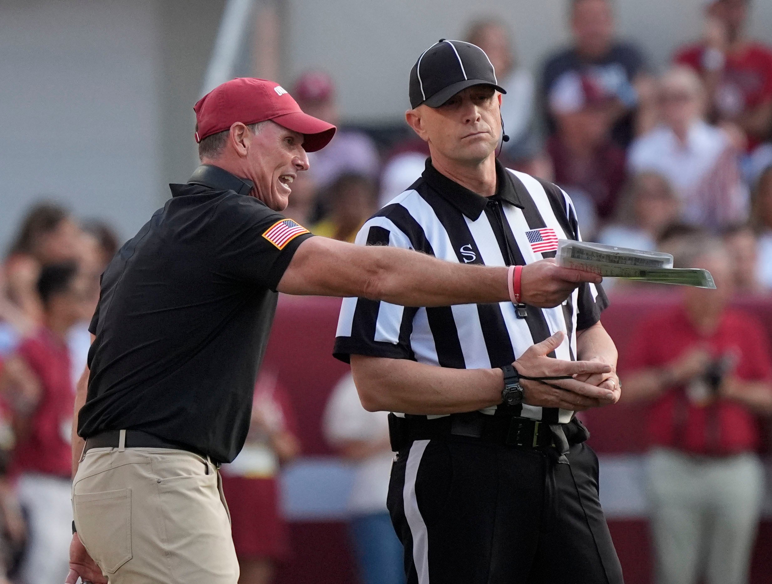 Nov 15, 2025; Tuscaloosa, Alabama, USA; Oklahoma Sooners head coach Brent Venables reacts to a call during the first half of the game against the Alabama Crimson Tide at Saban Field at Bryant-Denny Stadium. Ma