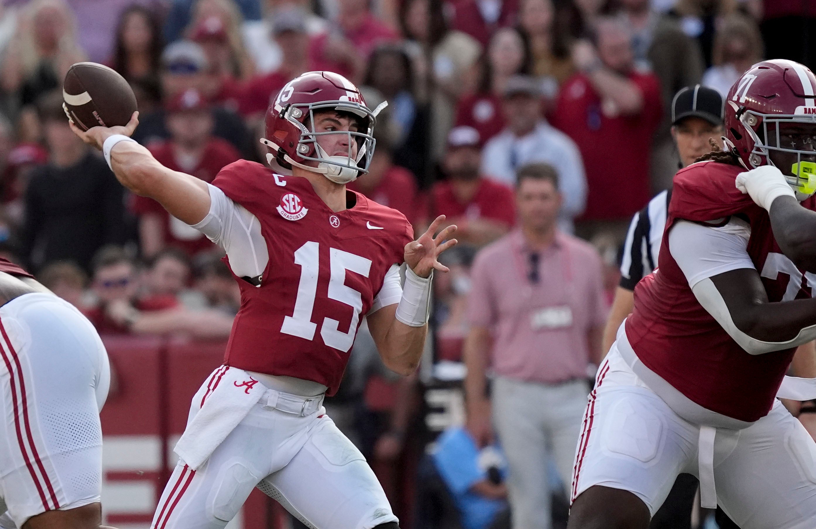 Nov 15, 2025; Tuscaloosa, Alabama, USA; Alabama Crimson Tide quarterback Ty Simpson (15) throws a pass during the first half against the Oklahoma Sooners at Saban Field at Bryant-Denny Stadium.