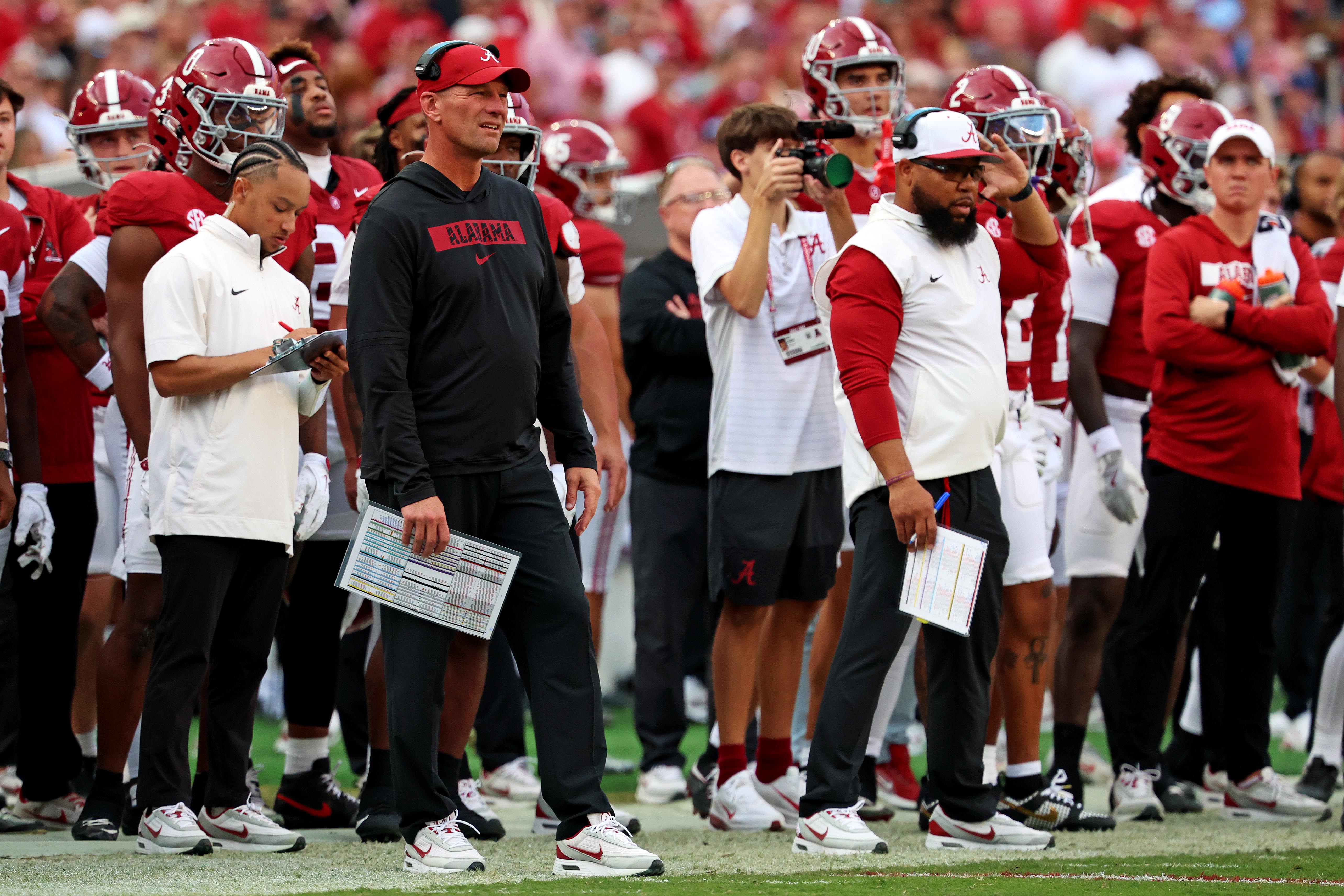 Nov 15, 2025; Tuscaloosa, Alabama, USA; Alabama Crimson Tide head coach Kalen Deboer looks on during the first half of the game against the Oklahoma Sooners at Saban Field at Bryant-Denny Stadium. Mandatory Credit: David Leong-Imagn Images