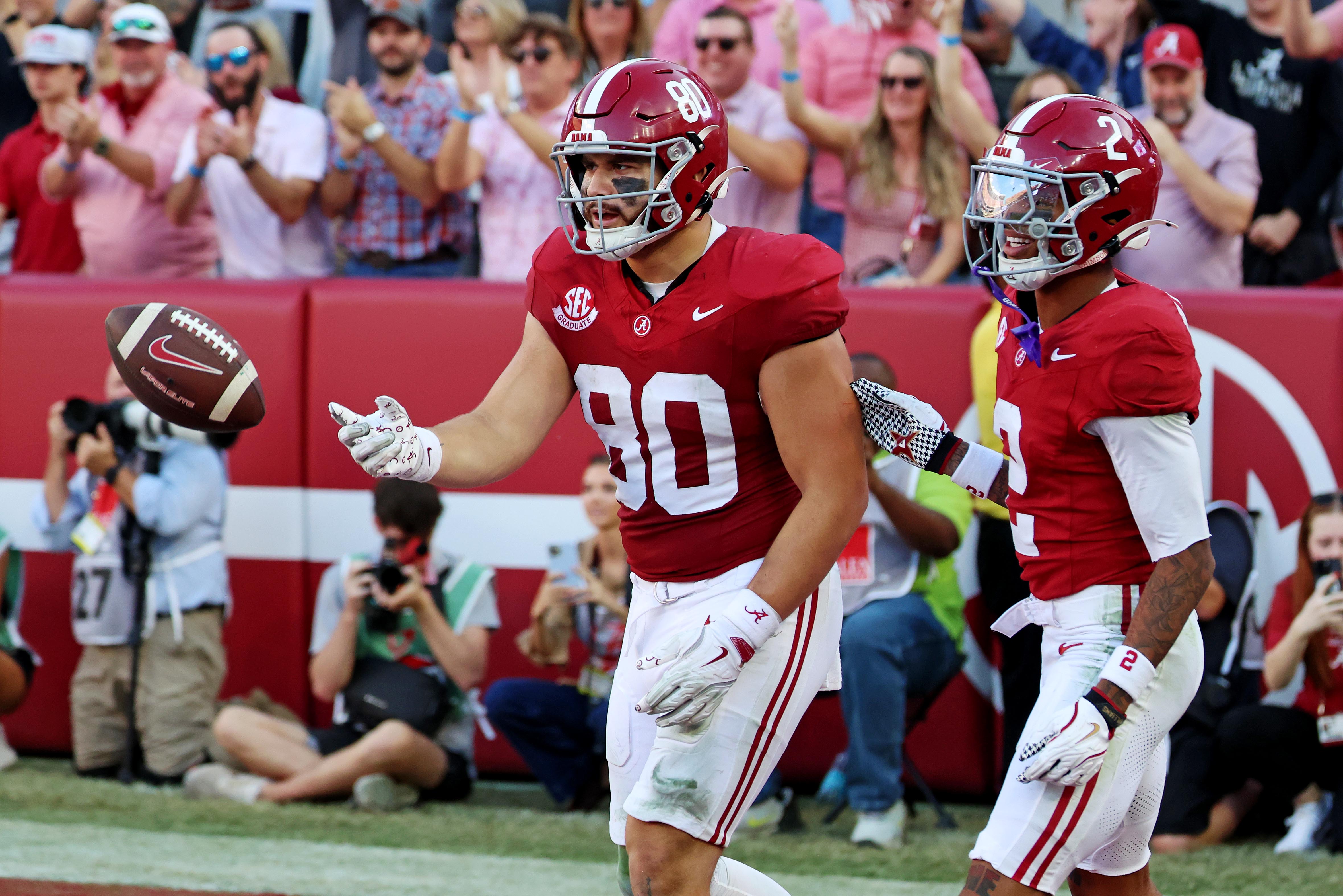 Nov 15, 2025; Tuscaloosa, Alabama, USA; Alabama Crimson Tide tight end Josh Cuevas (80) celebrates after scoring a touchdown during the first half against the Oklahoma Sooners at Saban Field at Bryant-Denny Stadium.