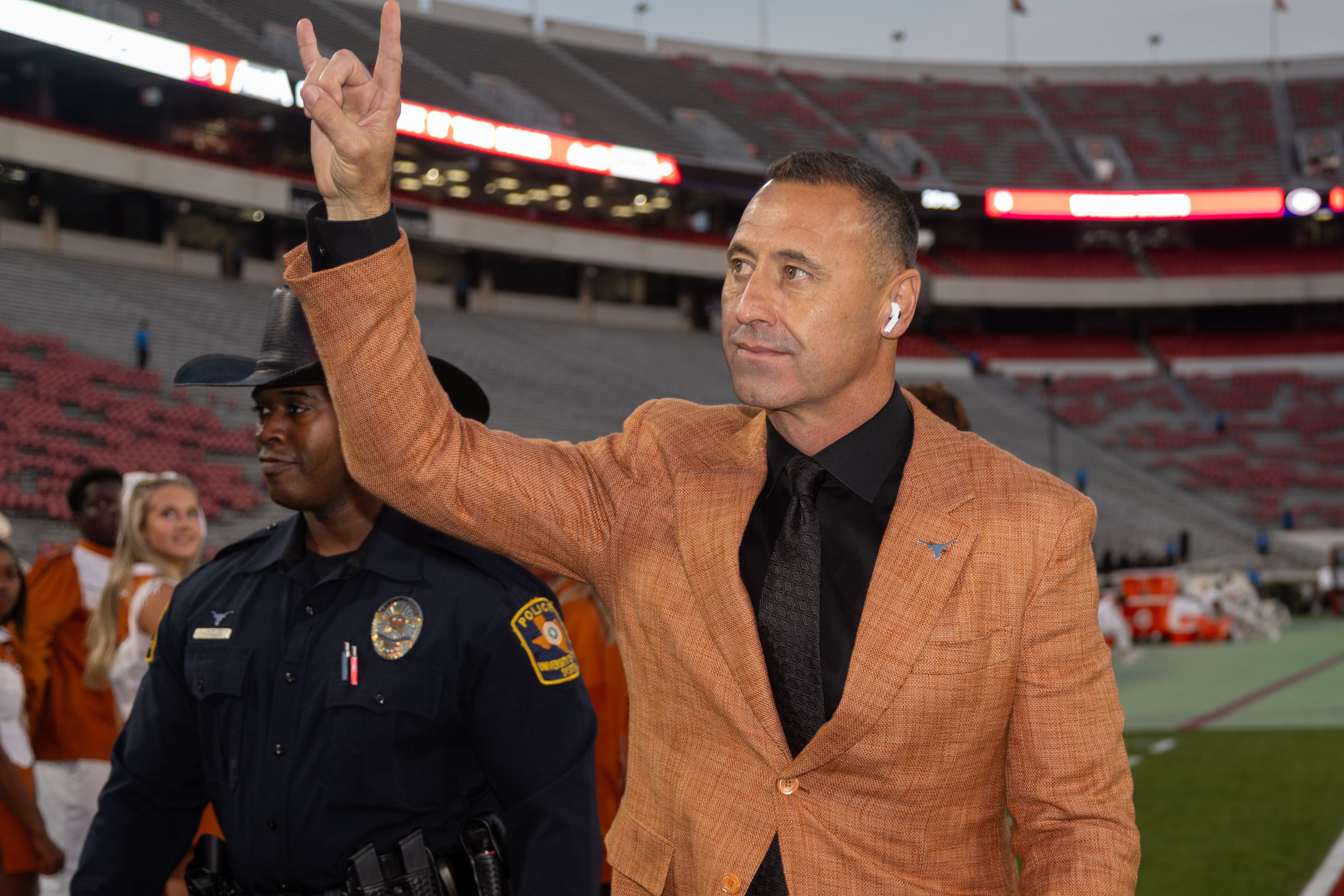 Nov 15, 2025; Athens, Georgia, USA; Texas Longhorns head coach Steve Sarkisian walks into Sanford Stadium before a game against the Georgia Bulldogs. Mandatory Credit: Brett Davis-Imagn Images