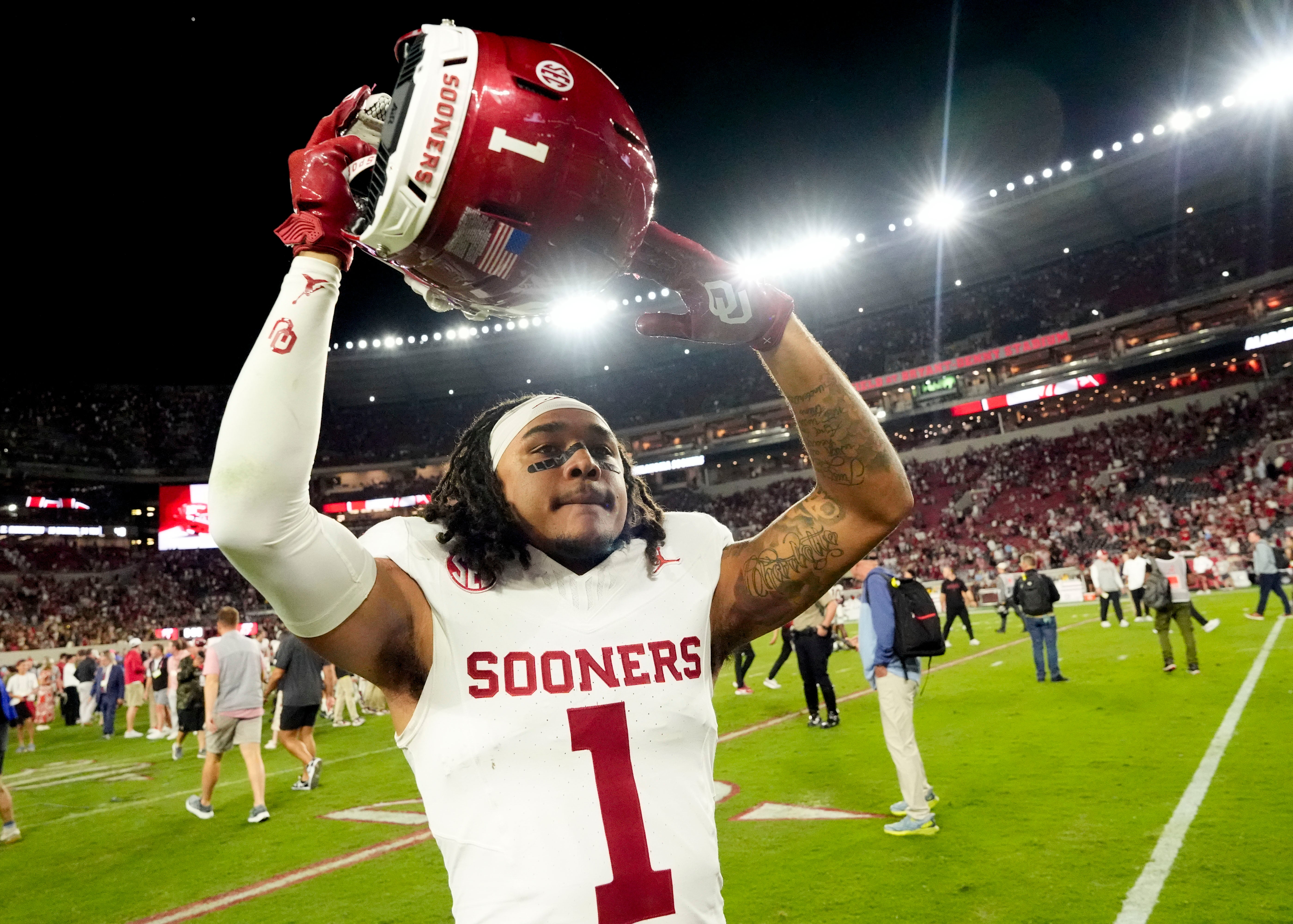 Nov 15, 2025; Tuscaloosa, Alabama, USA; Oklahoma defensive back Jaydan Hardy (1) celebrates after Oklahoma defeated the Alabama Crimson Tide 23-21 at Saban Field at Bryant-Denny Stadium.