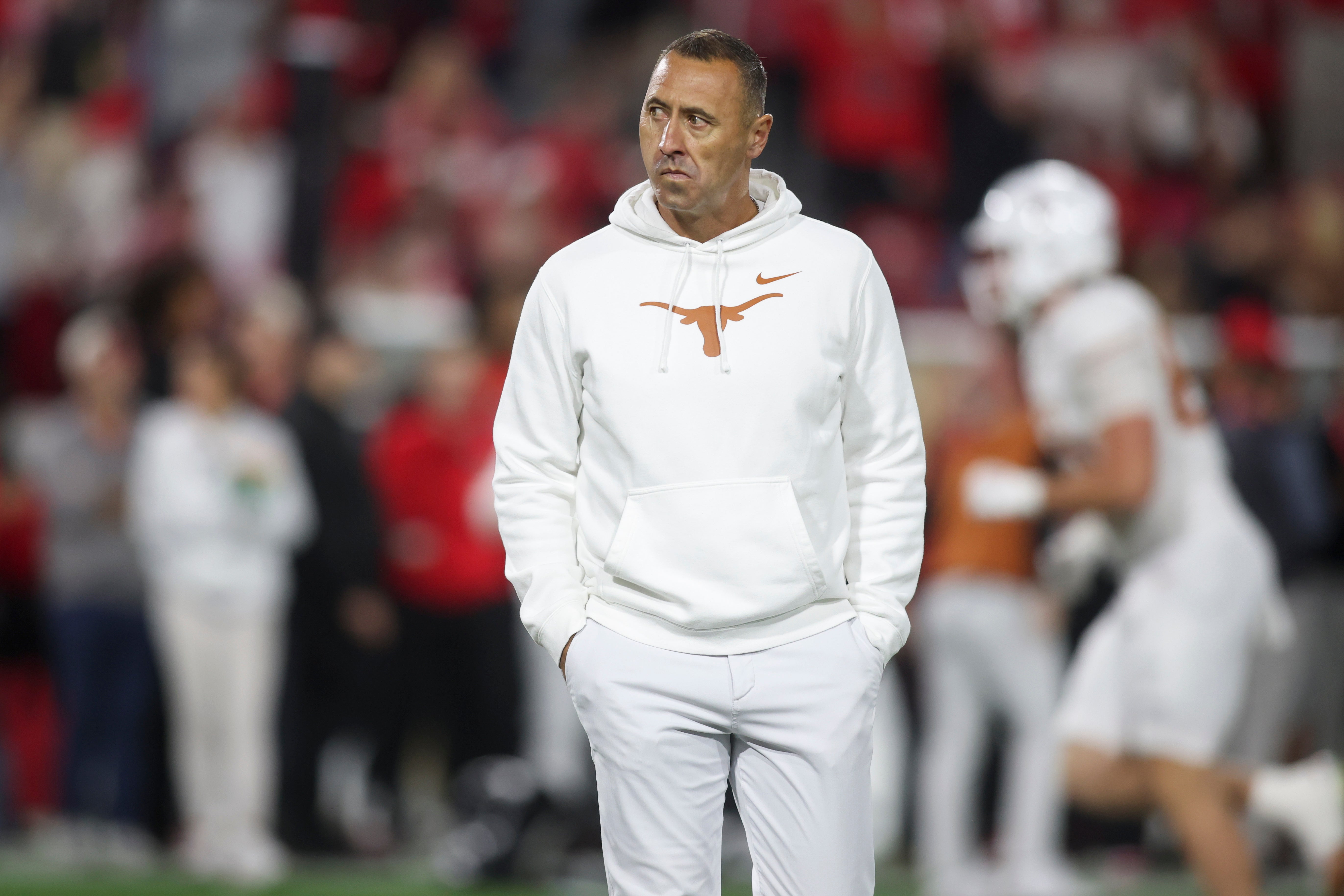 Nov 15, 2025; Athens, Georgia, USA; Texas Longhorns head coach Steve Sarkisian looks on prior to a game against the Georgia Bulldogs at Sanford Stadium. Mandatory Credit: Brett Davis-Imagn Images