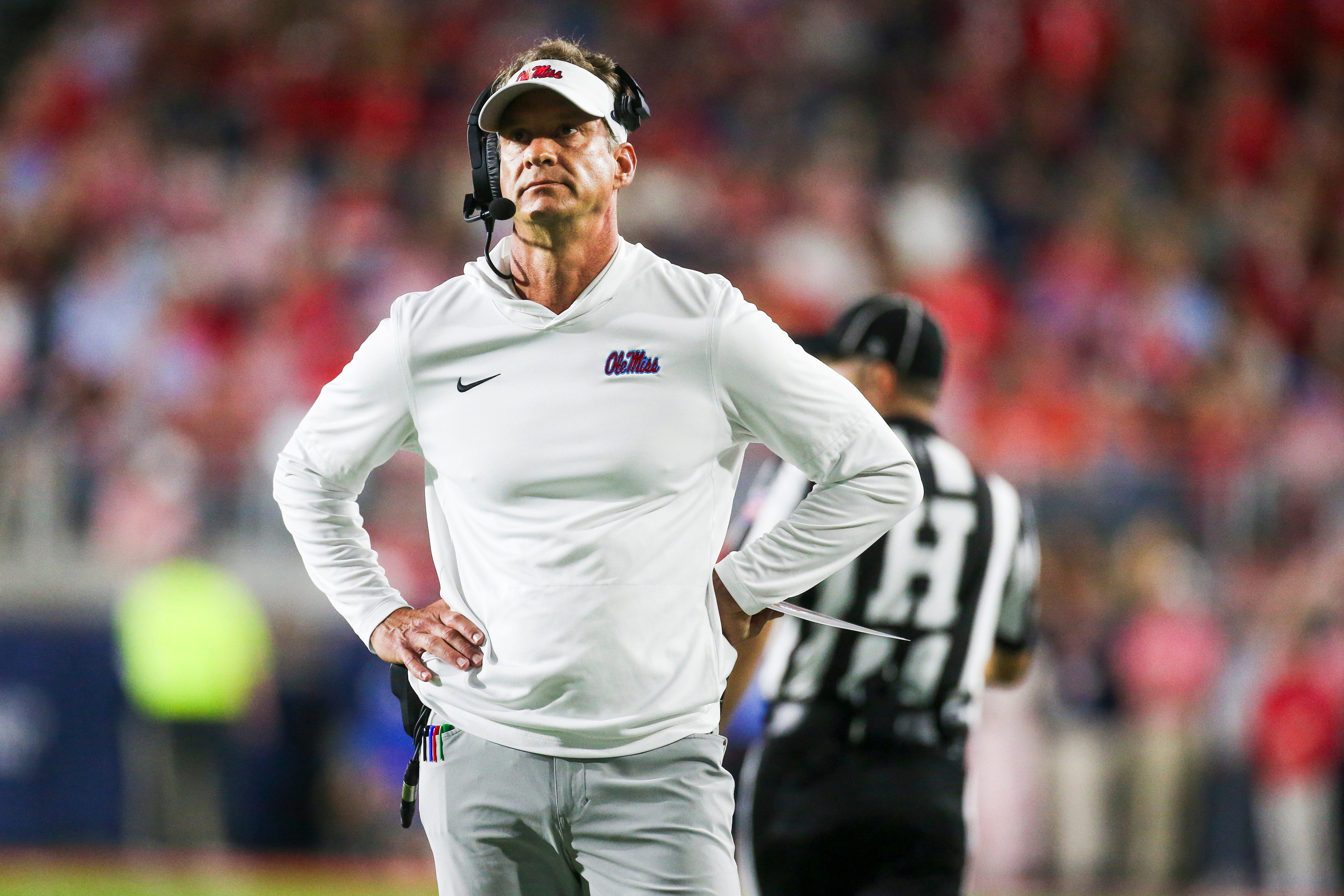 Nov 15, 2025; Oxford, Mississippi, USA; Mississippi Rebels head coach Lane Kiffin stands on the sideline during the first quarter against the Florida Gators at Vaught-Hemingway Stadium.