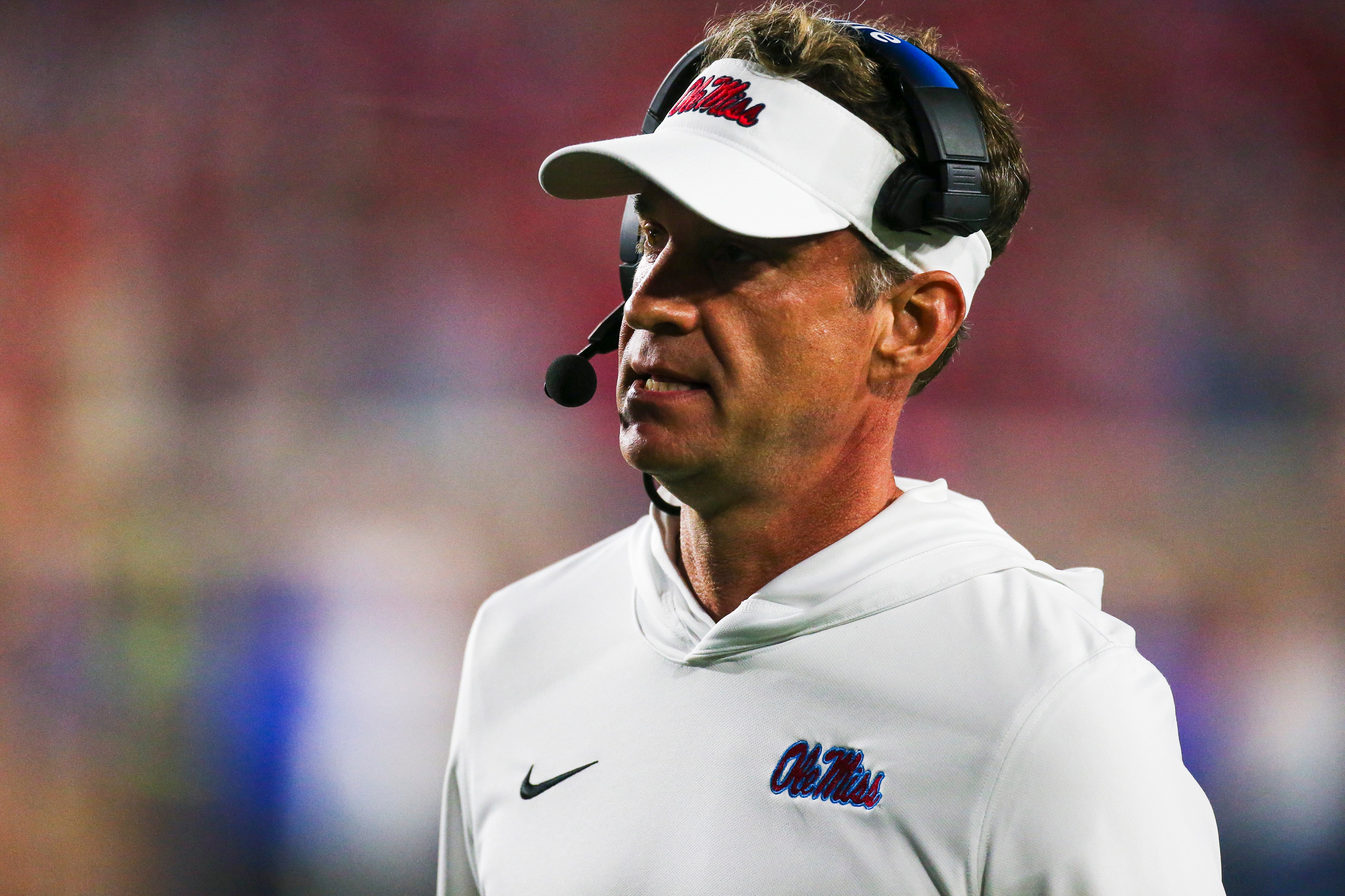 Nov 15, 2025; Oxford, Mississippi, USA; Mississippi Rebels head coach Lane Kiffin stands on the sideline during the second half against the Florida Gators at Vaught-Hemingway Stadium.